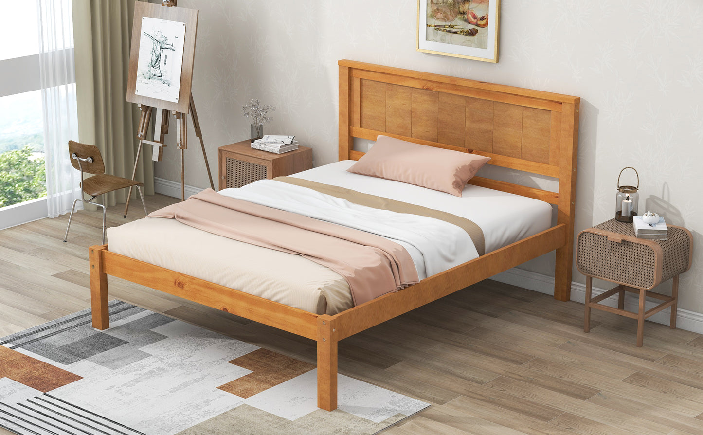 Platform Bed Frame with Headboard , Wood Slat Support , No Box Spring Needed ,Twin,Oak