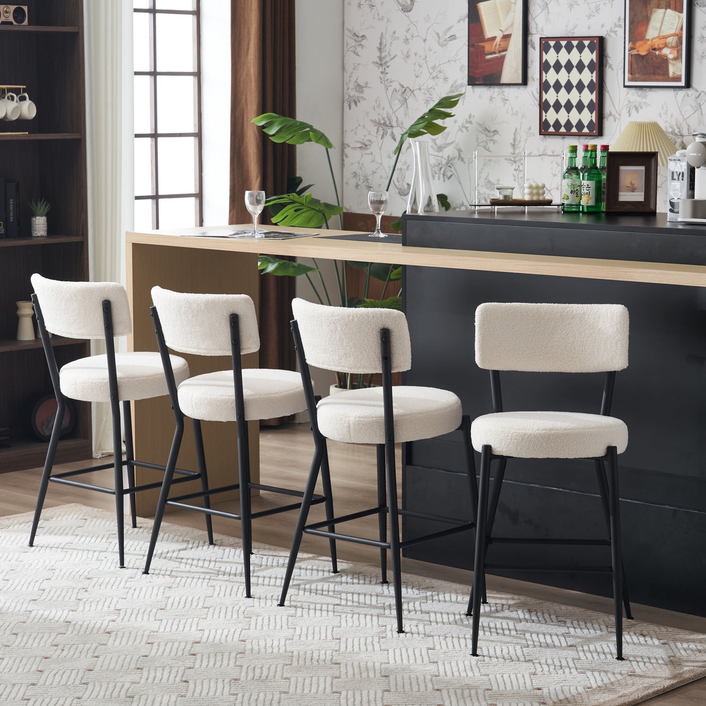 Beige Modern Teddy Fabric Bar Stools Set of 2 Stylish Metal Base High Seating for Kitchen Dining Living Room