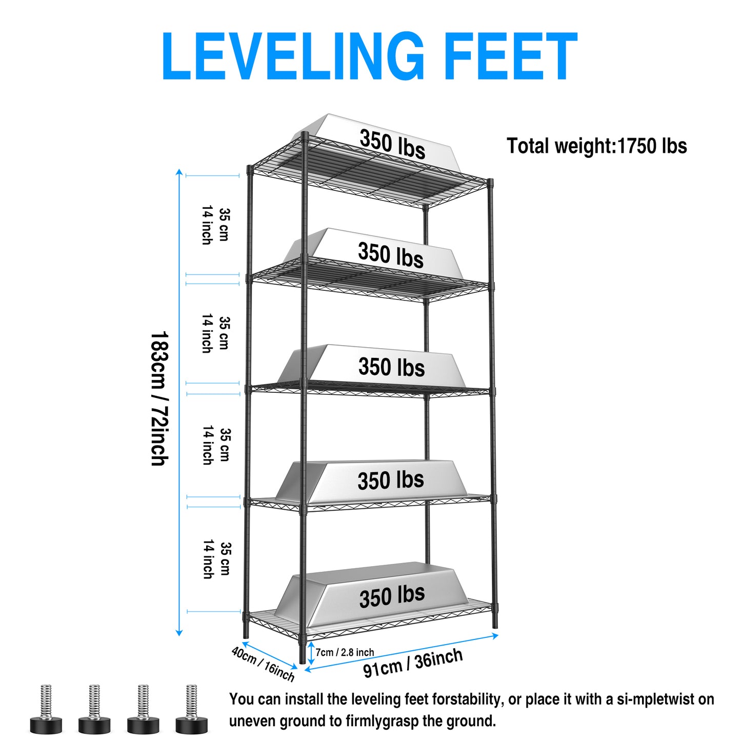5 Tier Heavy Duty Wire Shelving Unit 72 Inch Height Adjustable Storage Rack for Kitchen Garage Office Organization