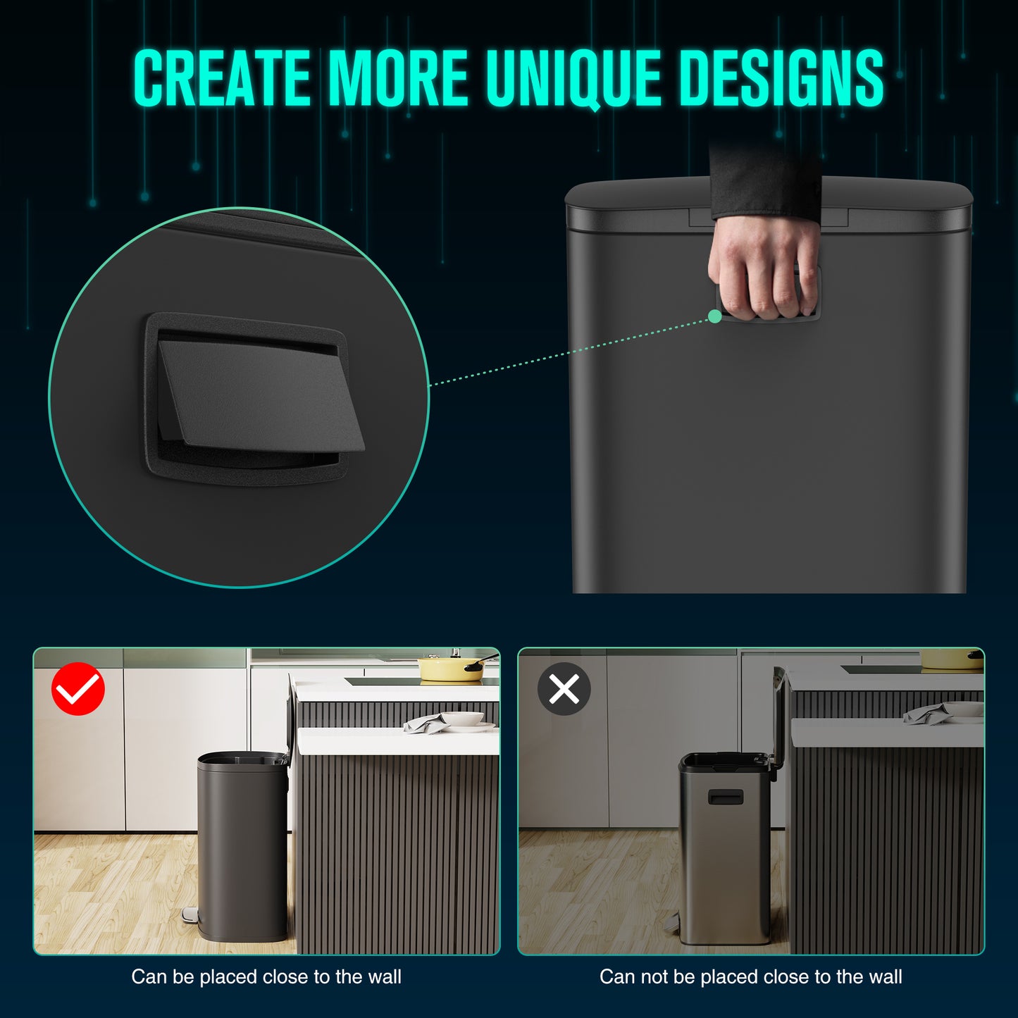 Curved Surface 13 Gallon 50L Kitchen Foot Pedal Soft Close Trash Can Stainless Steel Rectangular Bin with 30 Garbage Bags BLACK