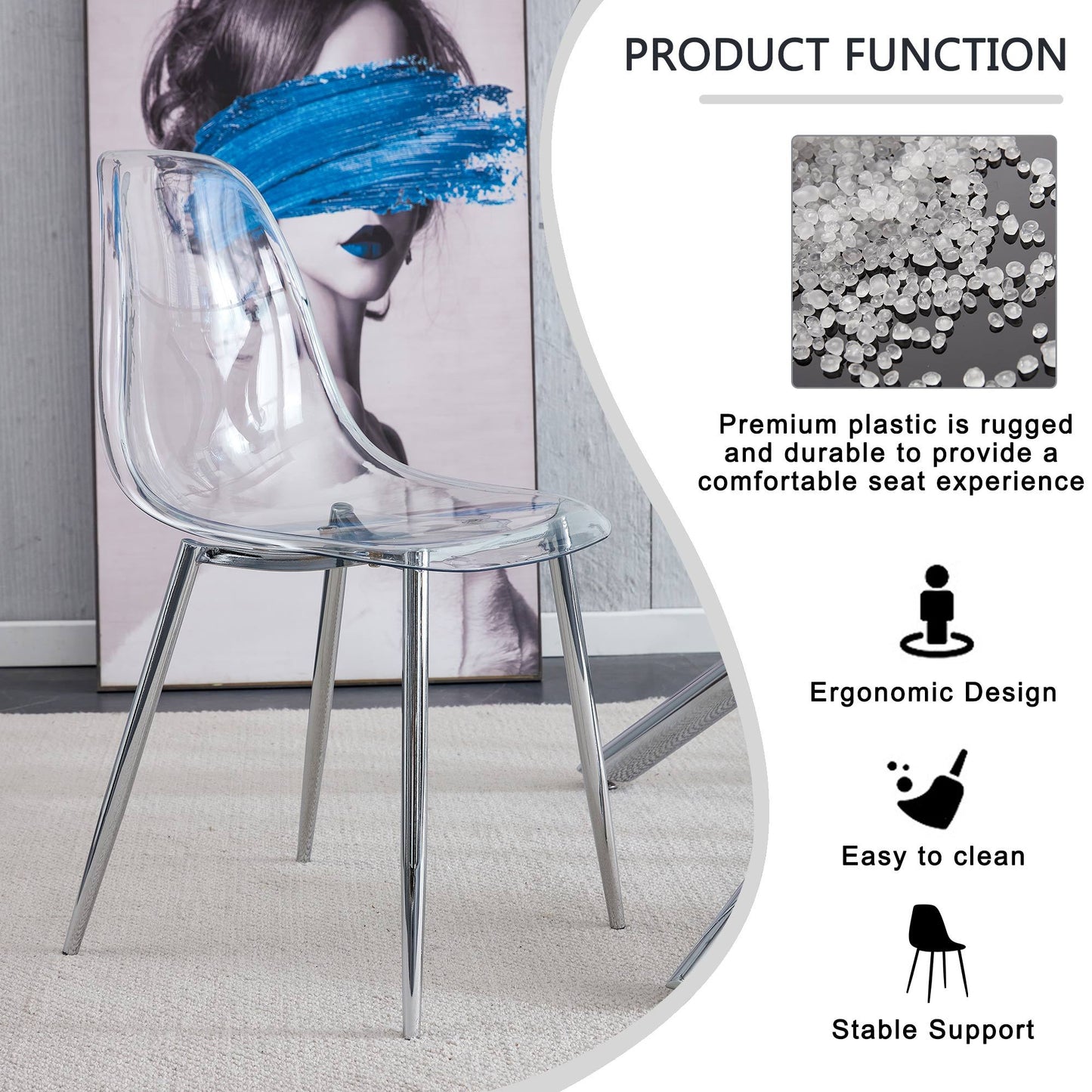 Modern Minimalist Transparent Dining Chair Set 6pcs Armless Nordic Makeup Stool with Silver Plated Metal Legs