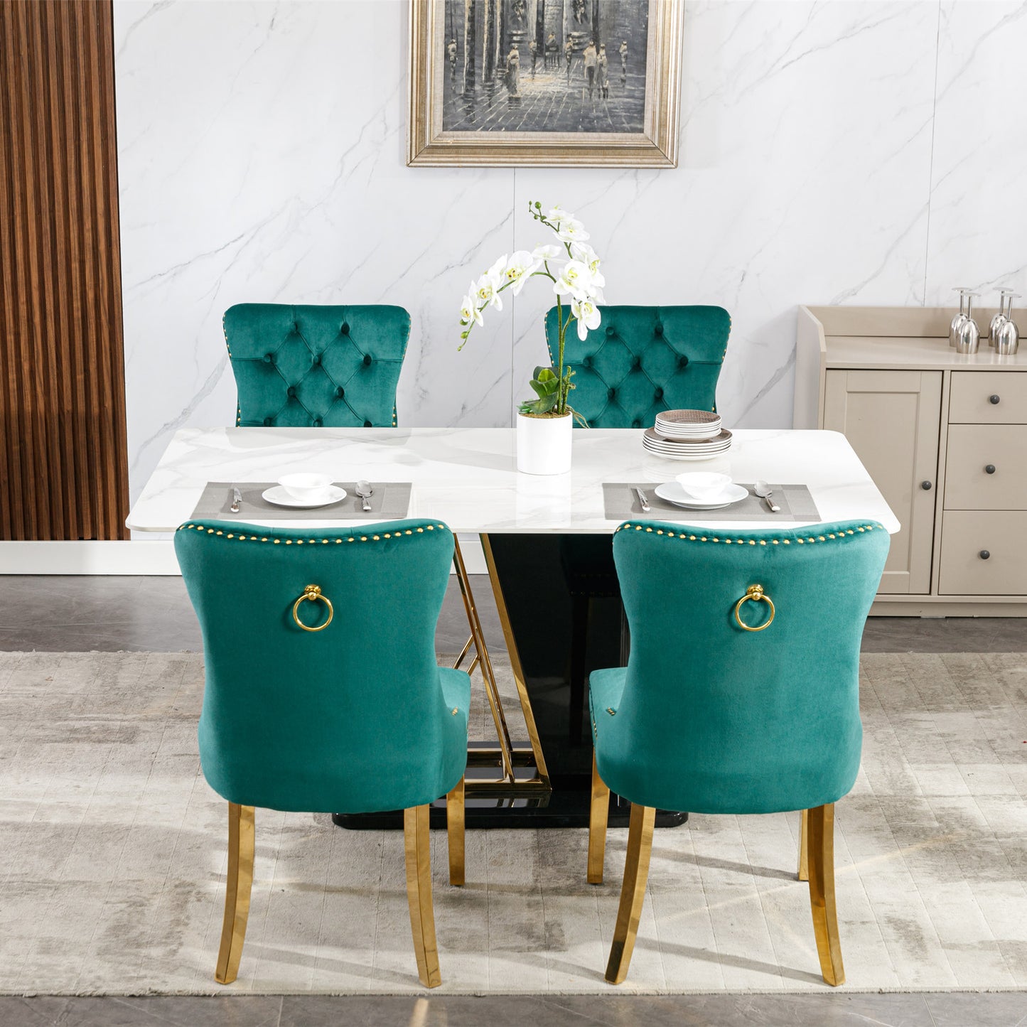 Modern Velvet Upholstered Dining Chairs Set of 2 with Gold Stainless Steel Legs and Nailhead Trim Black and Gold