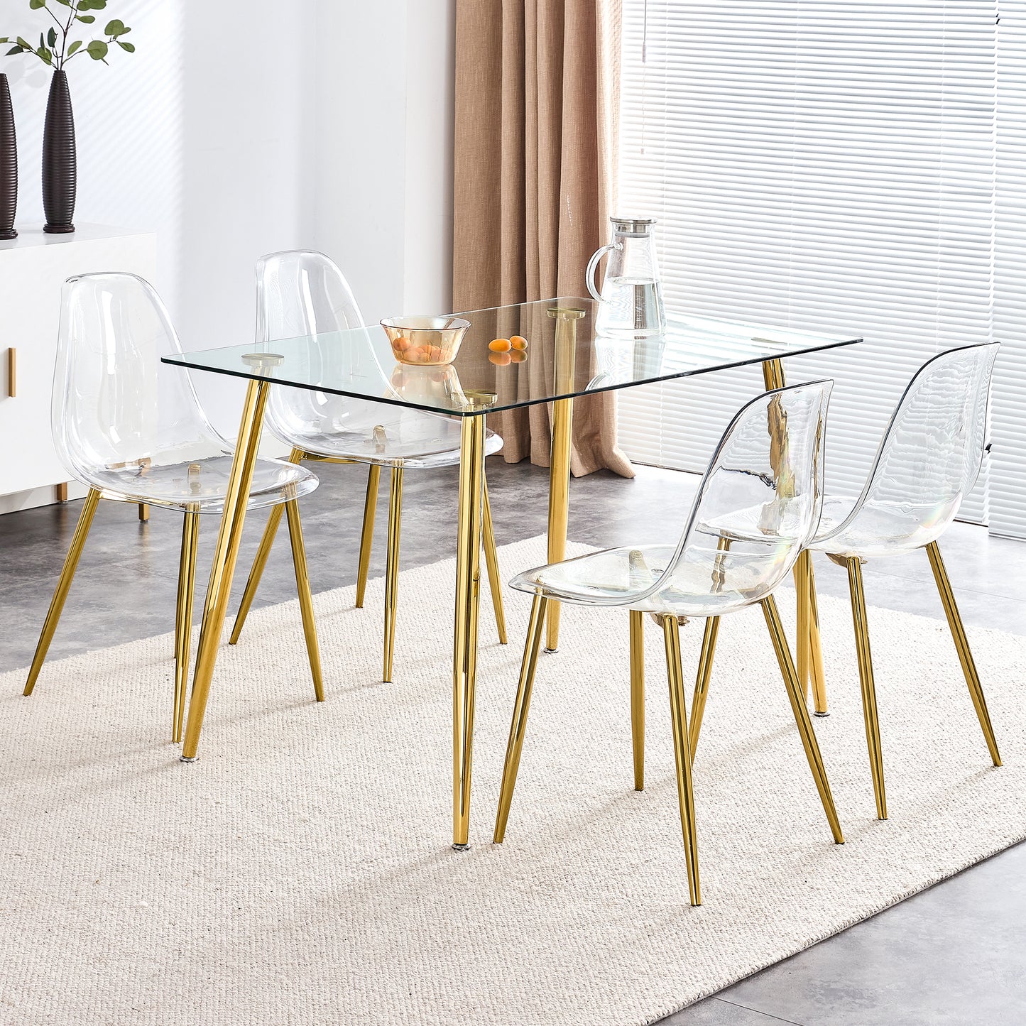 Modern Minimalist Transparent Dining Chair Set with Gold-Plated Metal Legs - Nordic Armless Crystal Makeup Stools 6-Piece TW-1200