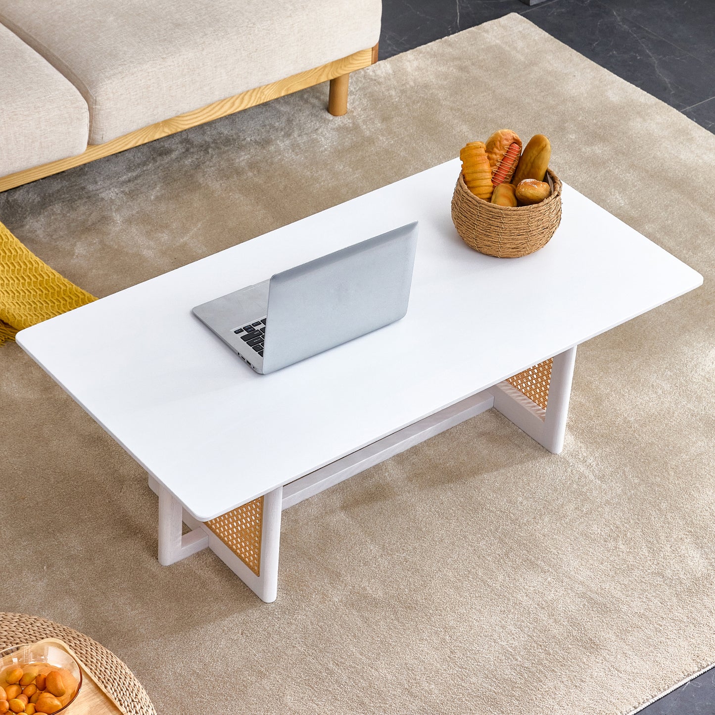 Chinese Style White Solid Wood Imitation Rattan Rectangular Coffee Table Small Living Room Low Table