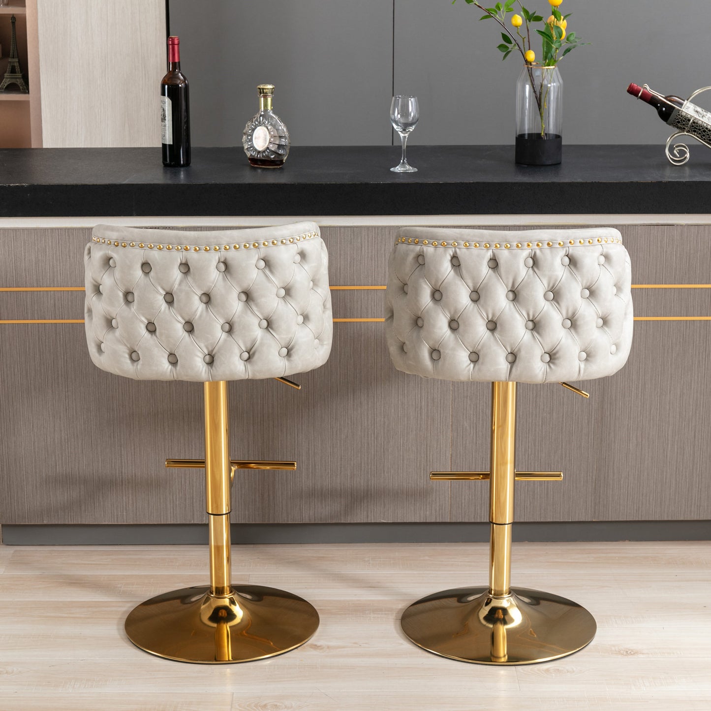 Adjustable Height Swivel Bar Stools with Tufted Backrest Modern PU Upholstery for Kitchen Island and Home Pub Beige Set of 2