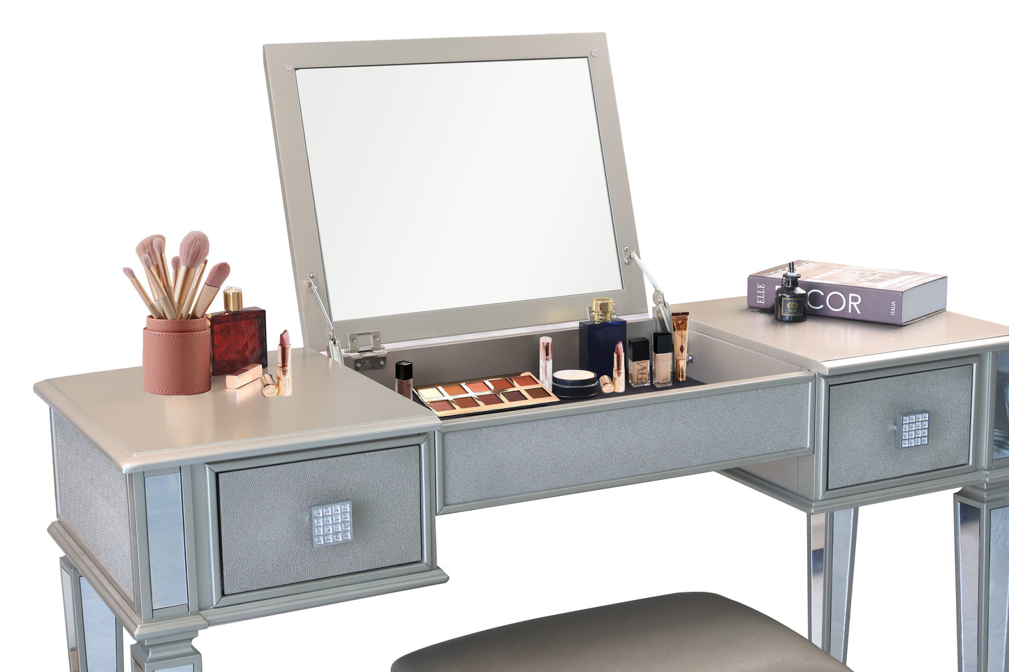 Mirrored Vanity Desk with Drawers and Stool, Flip Top Makeup Table Set for Bedroom, Stylish Dressing Table for Women and Girls