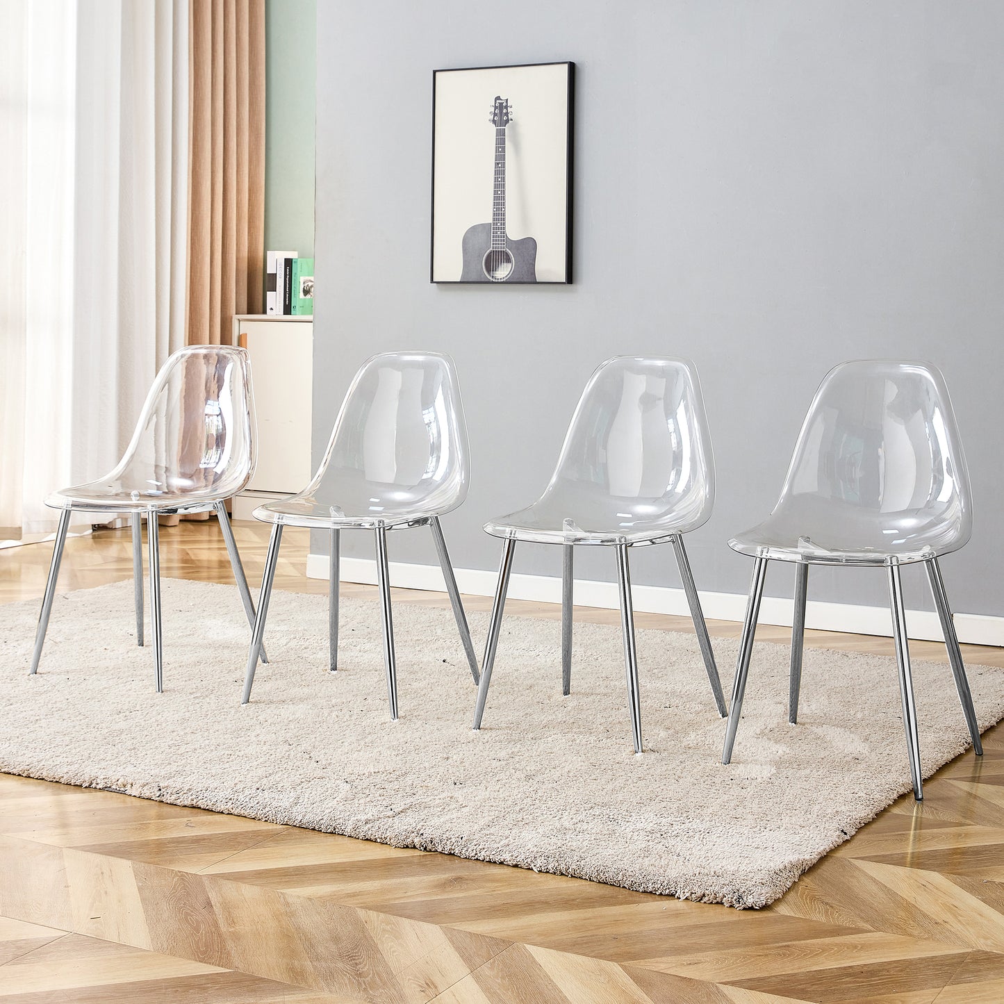 Modern Minimalist Transparent Dining Chair Set 6pcs Armless Nordic Makeup Stool with Silver Plated Metal Legs