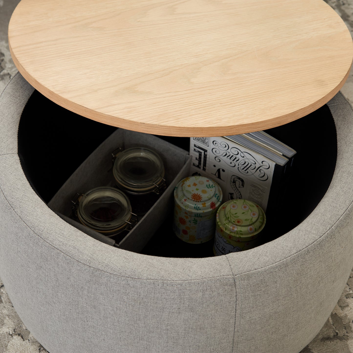 Round Storage Ottoman, 2 in 1 Function, Work as End table and Ottoman, Grey (25.5"x25.5"x14.5")