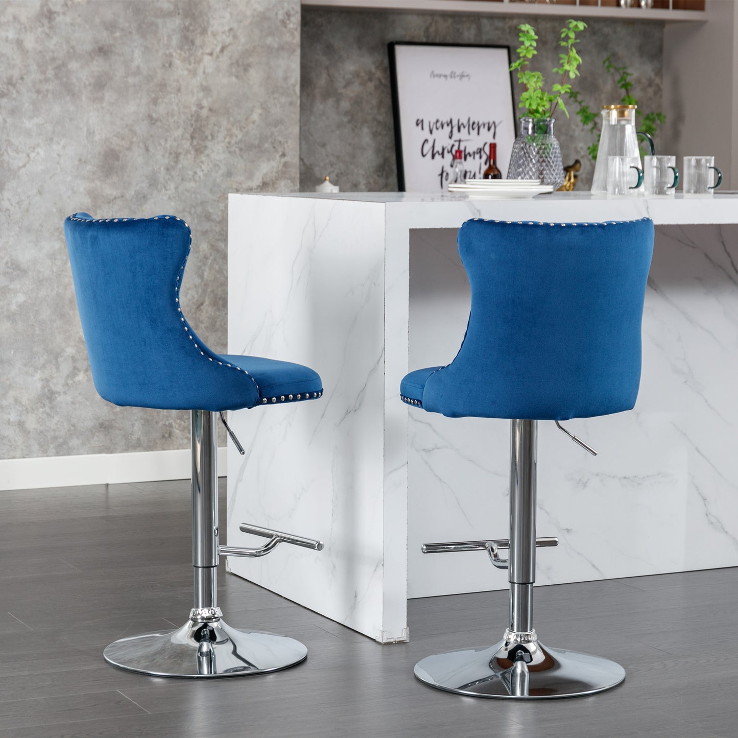 A&A Furniture,Swivel Velvet Barstools Adjusatble Seat Height from 25-33 Inch, Modern Upholstered Chrome base Bar Stools with Backs Comfortable Tufted for Home Pub and Kitchen Island(Blue,Set of 2)