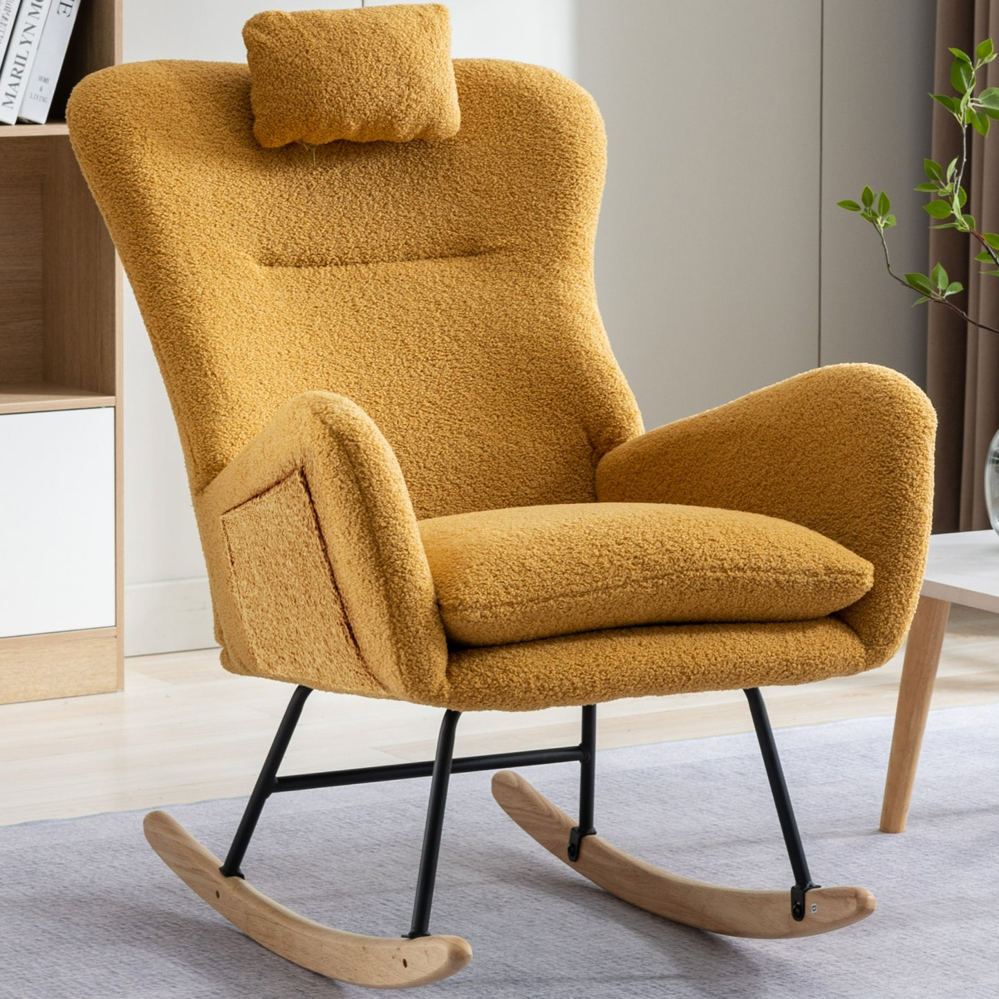 35.5 inch Rocking Chair with Pocket, Soft Teddy Fabric Rocking Chair for Nursery, Comfy Wingback Glider Rocker with Safe Solid Wood Base for Living Room Bedroom Balcony (TURMERIC)