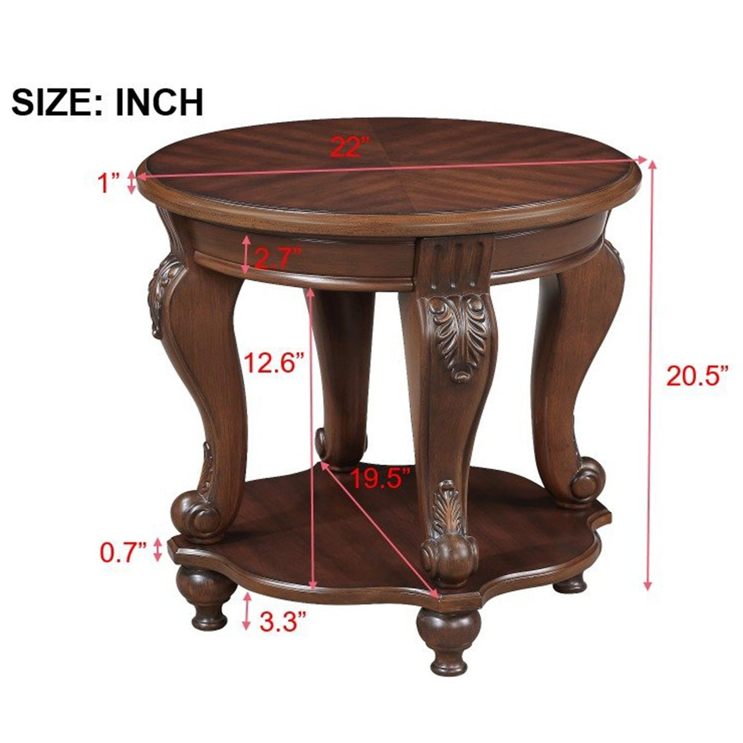 22'' Retro Round End Table,Solid Wood Sofa Side Table with Shelf,Living Room Corner Table Easy Assemble,Cherry