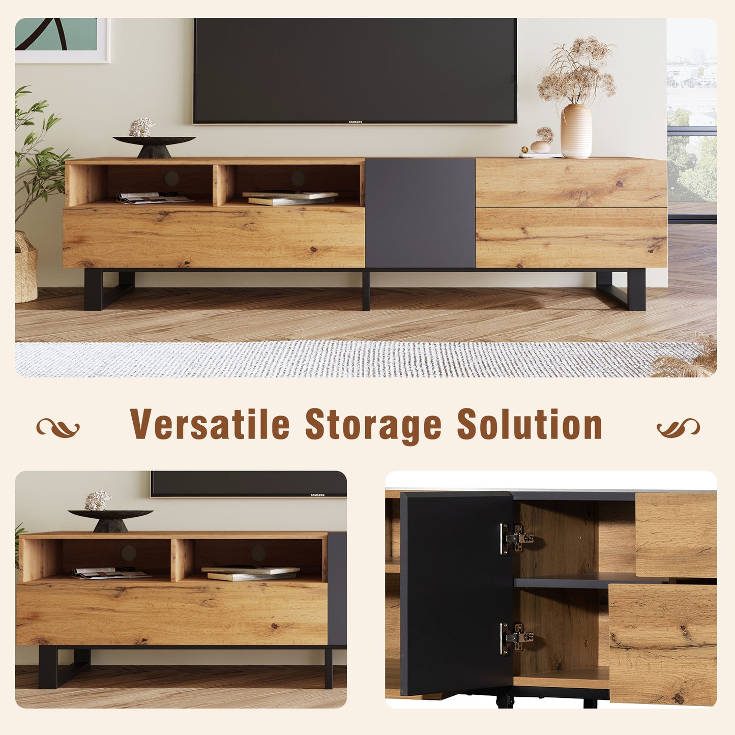 Elegant Modern TV Stand for 80 Inch TV with Double Storage Media Console Entertainment Center and Drop Down Door