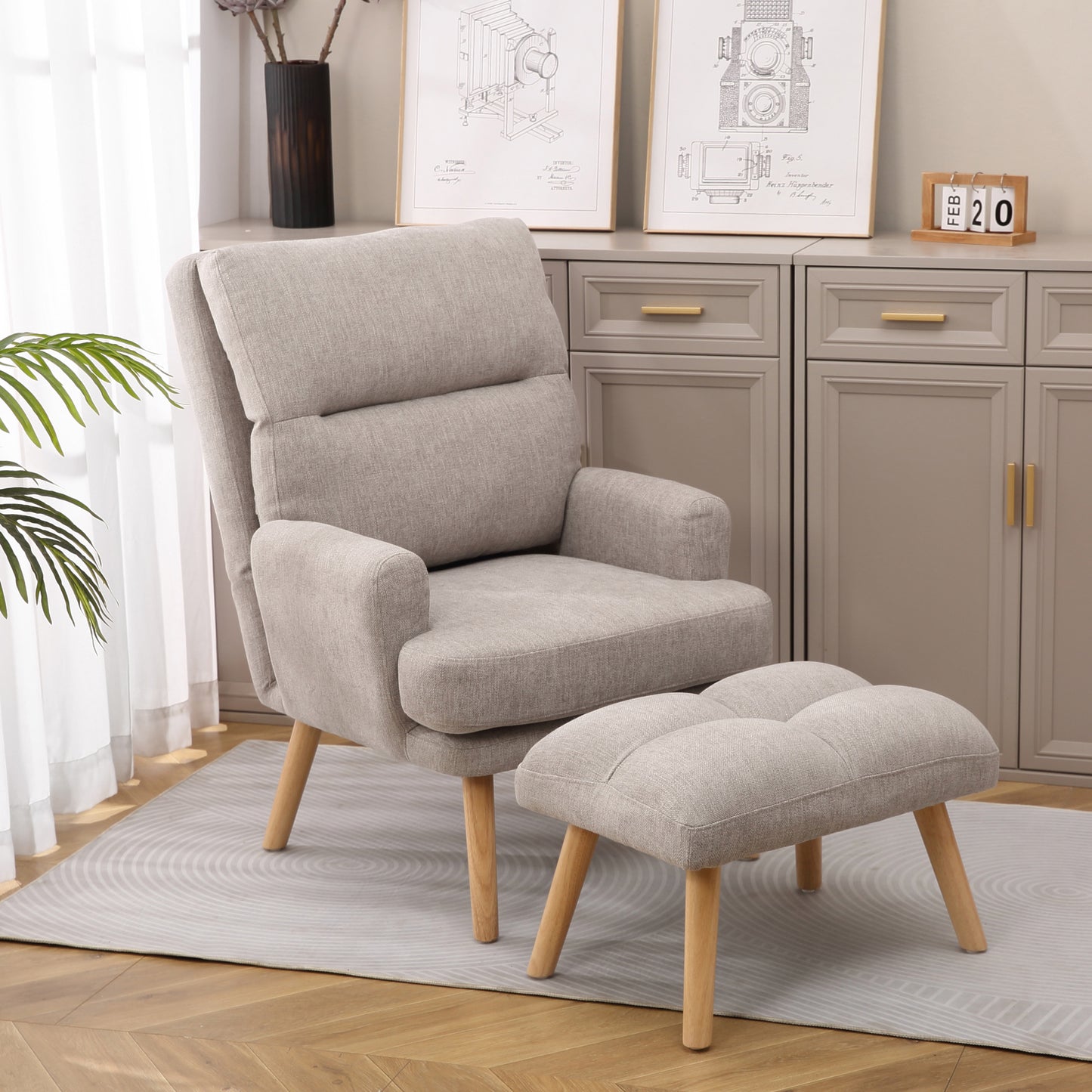 Mid Century Modern Accent Chair and Ottoman Set with Adjustable Backrest for Living Room Bedroom and Study