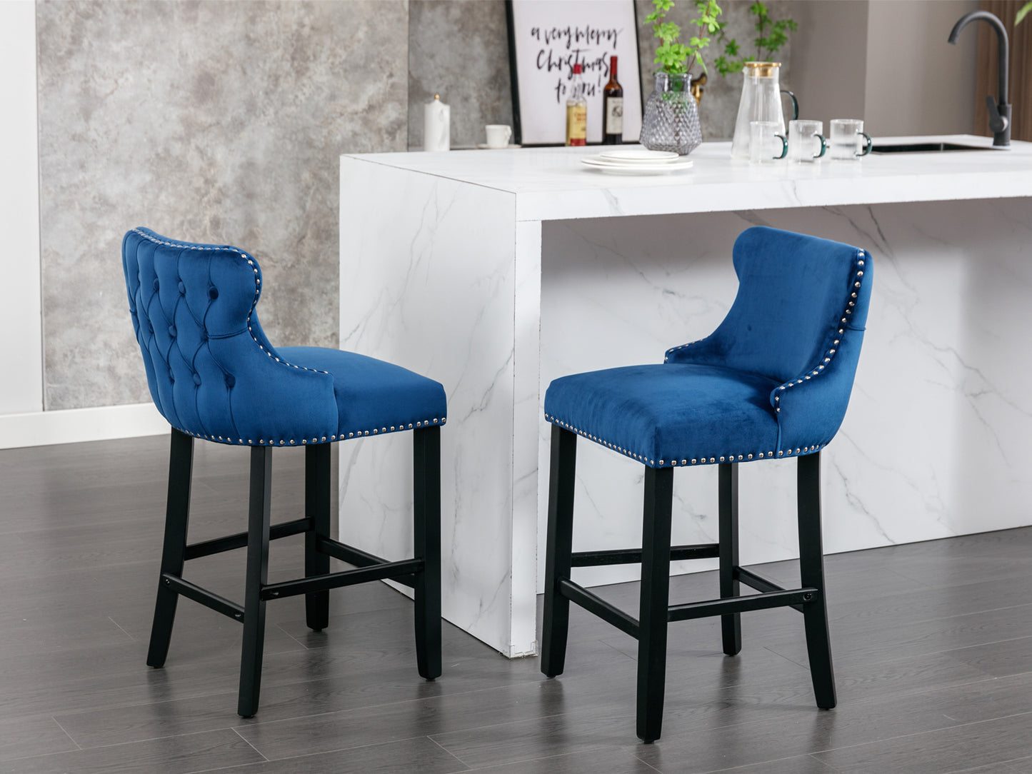 Contemporary Blue Velvet Wing-Back Barstools with Tufted Design and Wooden Legs Set of 2