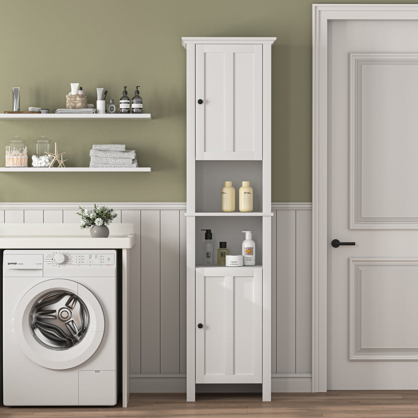 Bathroom Floor Storage Cabinet with 2 Doors, Wooden Living Room Cabinet with 6 Shelves, Space-Saving Organizer 15.75x11.81x66.93