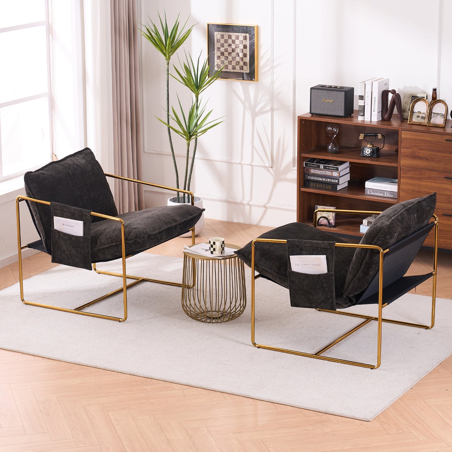 Dual Armchair Set in One Box Upholstered Hanging Chairs with Arm Pockets Metal Frame Dark Gray Crushed Foam Cushions for Living Room Bedroom