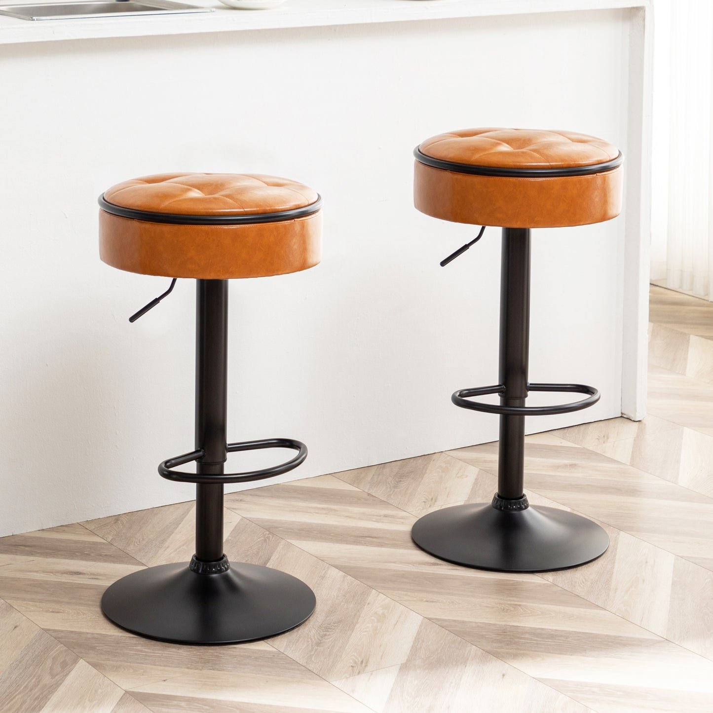 Adjustable Brown Faux Leather Bar Stool Set of 2 360° Swivel Armless Counter Height Chairs for Kitchen Dining Living Room