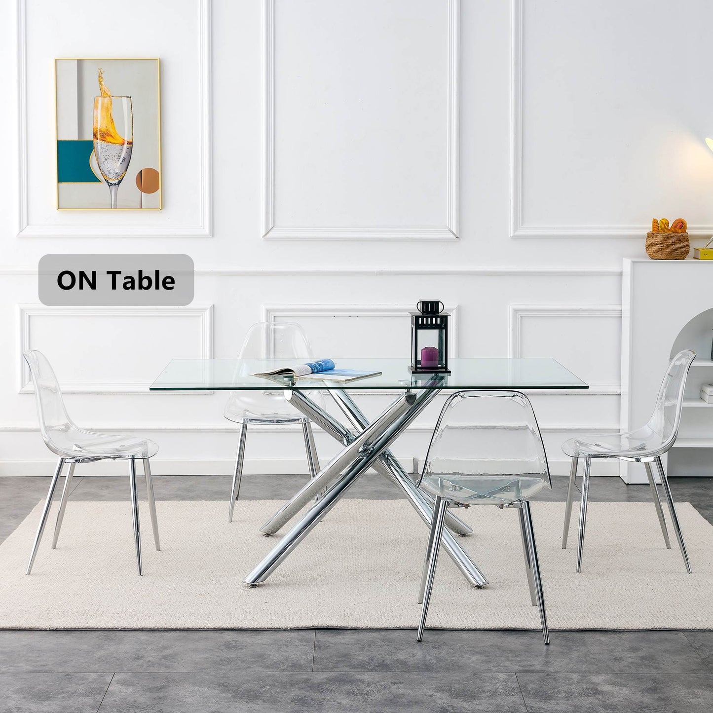 Modern Minimalist Transparent Dining Chair Set 6pcs Armless Nordic Makeup Stool with Silver Plated Metal Legs