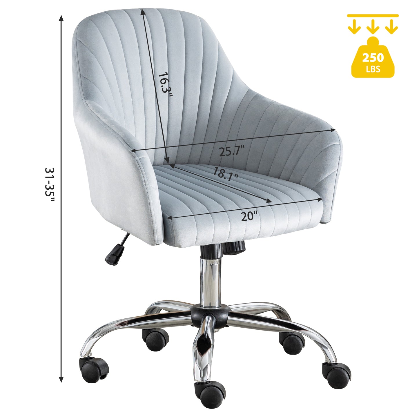 Modern Adjustable Velvet Accent Chair for Home Office Leisure Dark Grey with Height and Casters