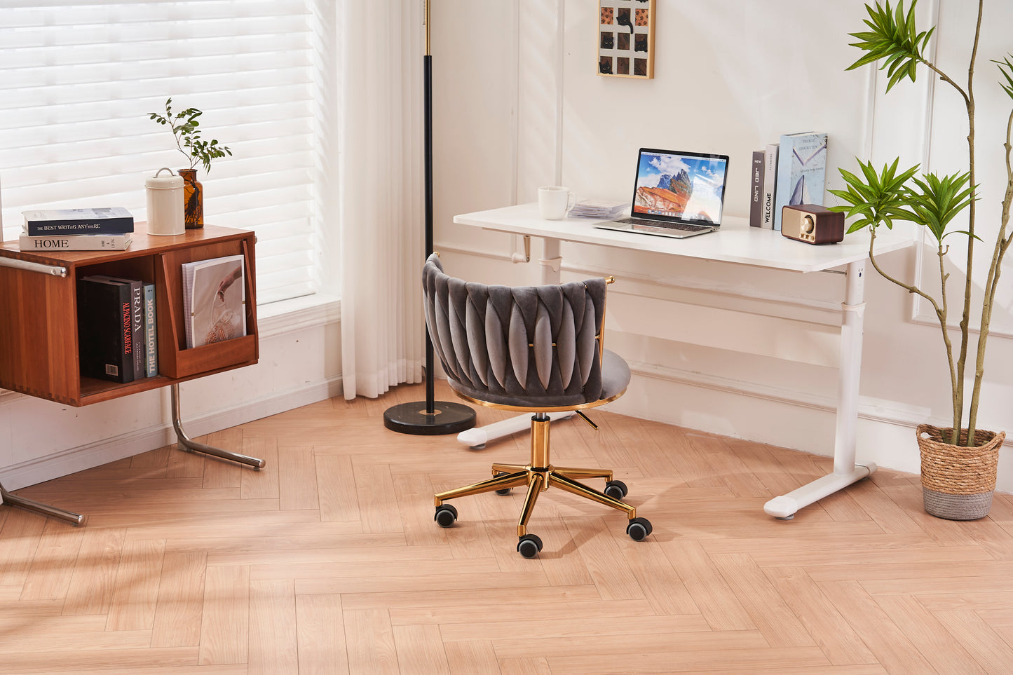Ergonomic Dark Grey Upholstered Office Desk Chair with Adjustable Swivel Wheels for Home and Study