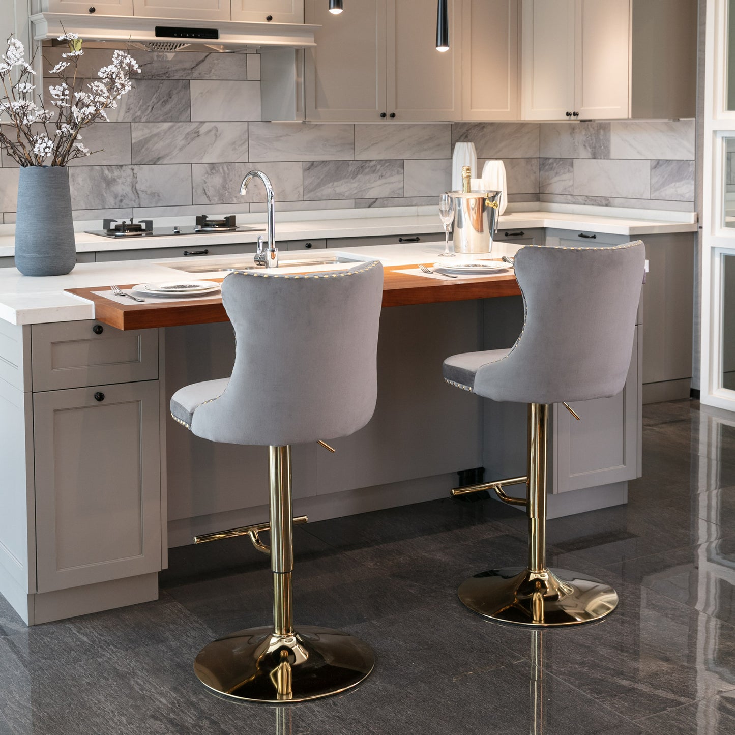 A&A Furniture,Golden Swivel Velvet Barstools Adjusatble Seat Height from 25-33 Inch, Modern Upholstered Bar Stools with Backs Comfortable Tufted for Home Pub and Kitchen Island(Gray,Set of 2)