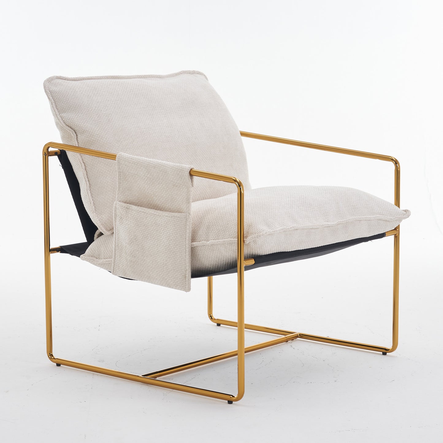 Beige Upholstered Hanging Armchair with Arm Pockets Metal Frame Gold-Plated Cushions for Living Room Bedroom