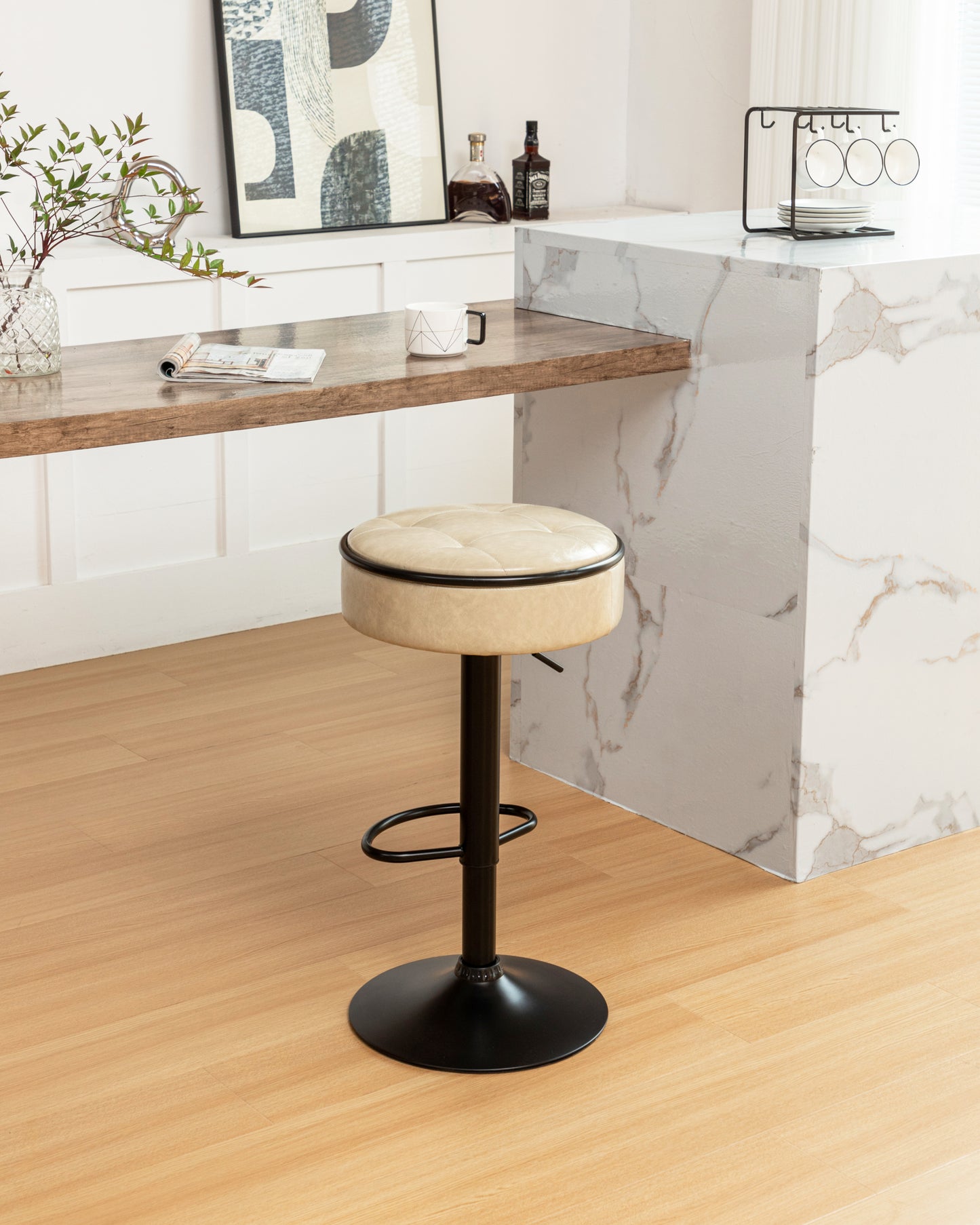 Khaki Faux Leather Adjustable Bar Stool Set of 2 360° Swivel Armless Counter Chairs with Metal Frame for Kitchen Dining Living Room