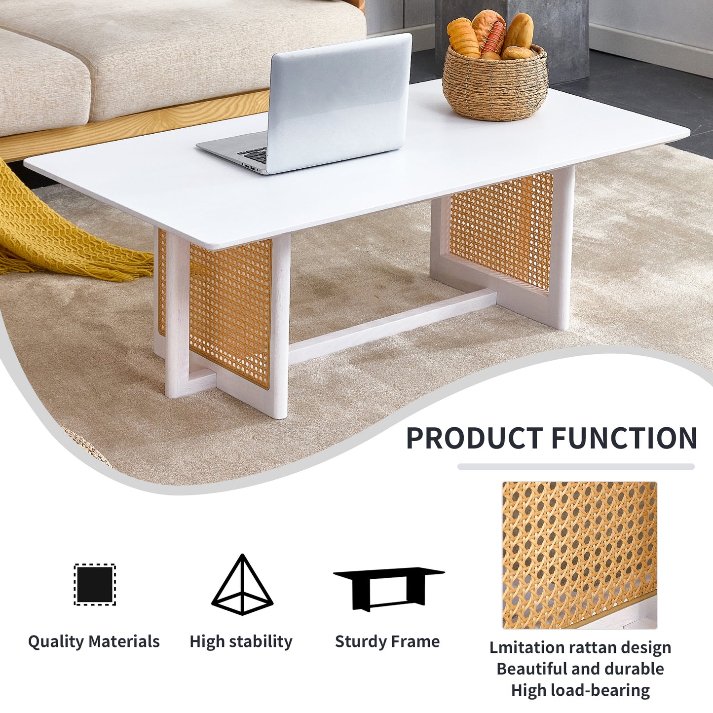 Chinese Style White Solid Wood Imitation Rattan Rectangular Coffee Table Small Living Room Low Table