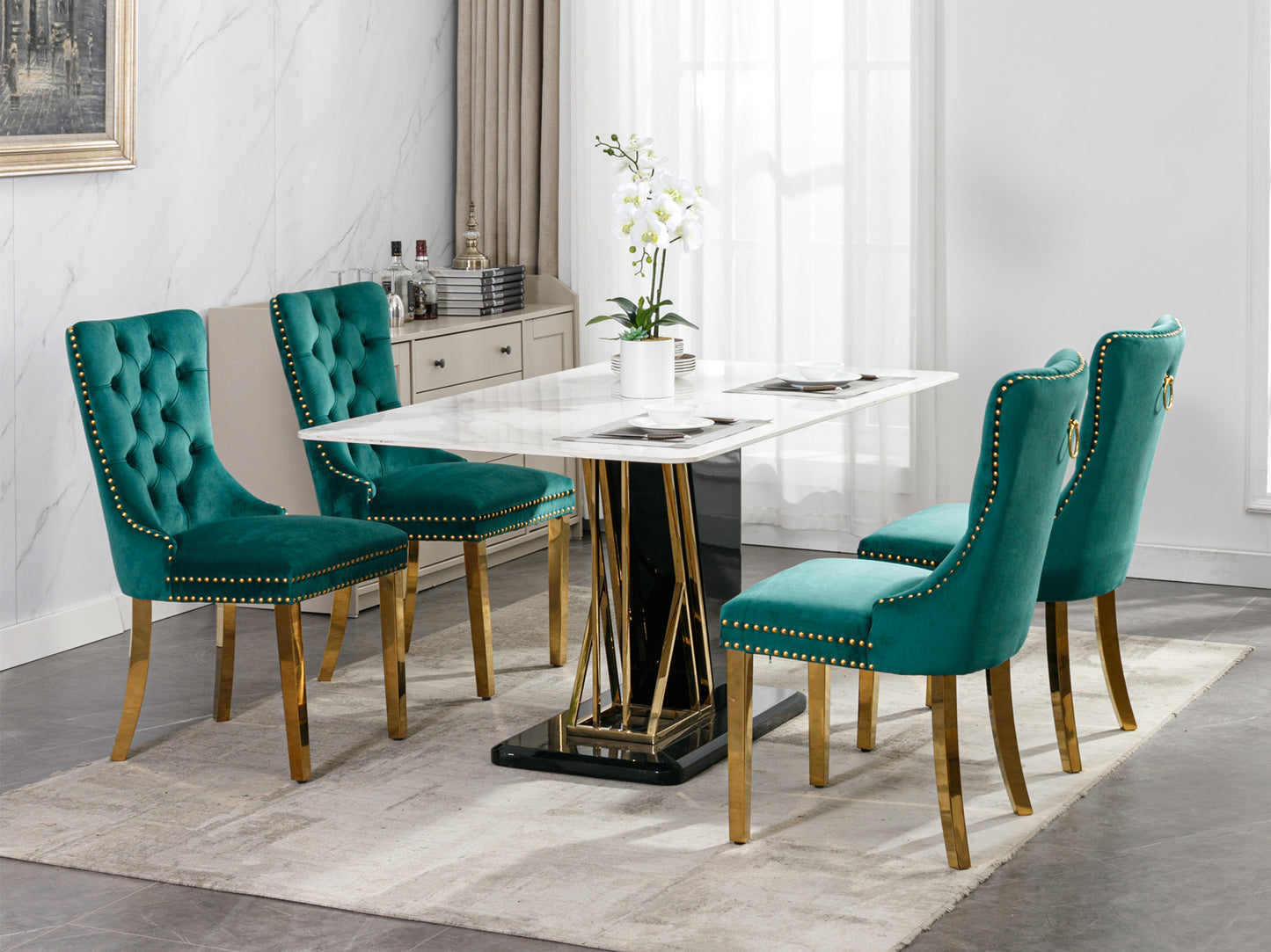 Modern Velvet Upholstered Dining Chairs Set of 2 with Gold Stainless Steel Legs and Nailhead Trim Black and Gold