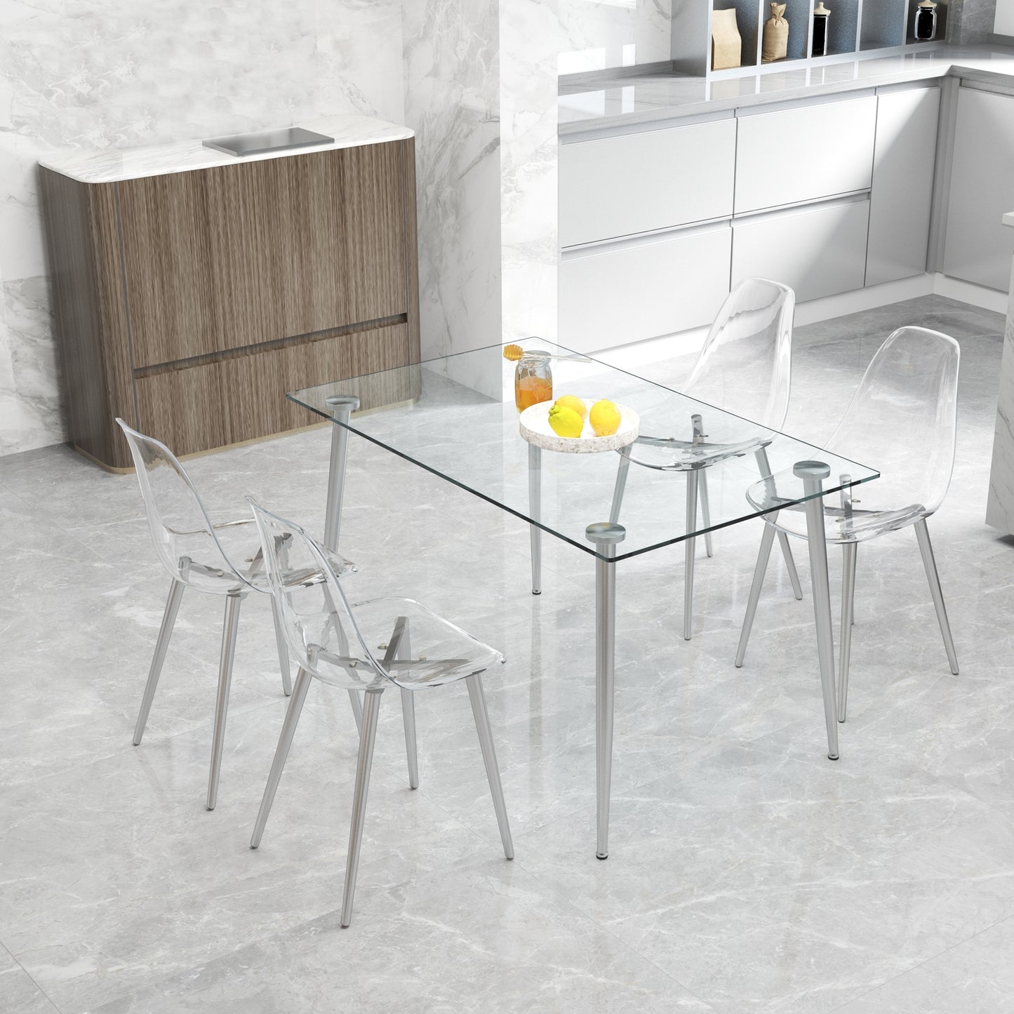 Modern Minimalist Transparent Dining Chair Set 6pcs Armless Nordic Makeup Stool with Silver Plated Metal Legs