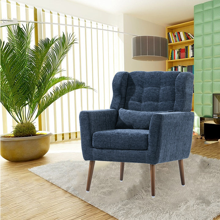 Dark Blue Chenille Accent Chair for Small Spaces Upholstered Modern Armchair with Pillow and Solid Wood Legs