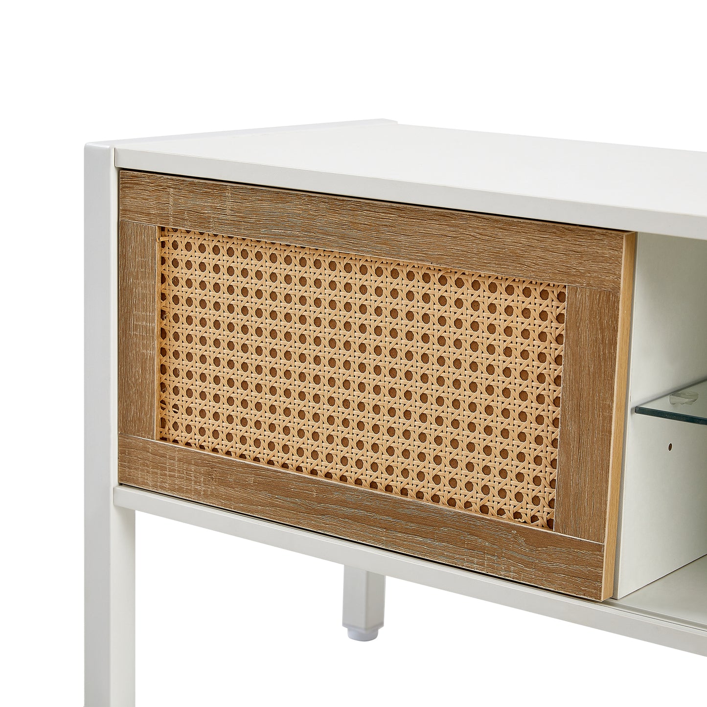 Rattan TV Cabinet with Color Changing Light Strip Double Sliding Doors Adjustable Shelf Metal Legs for Living Room White