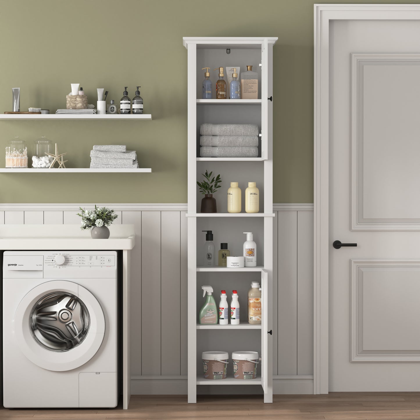 Bathroom Floor Storage Cabinet with 2 Doors, Wooden Living Room Cabinet with 6 Shelves, Space-Saving Organizer 15.75x11.81x66.93