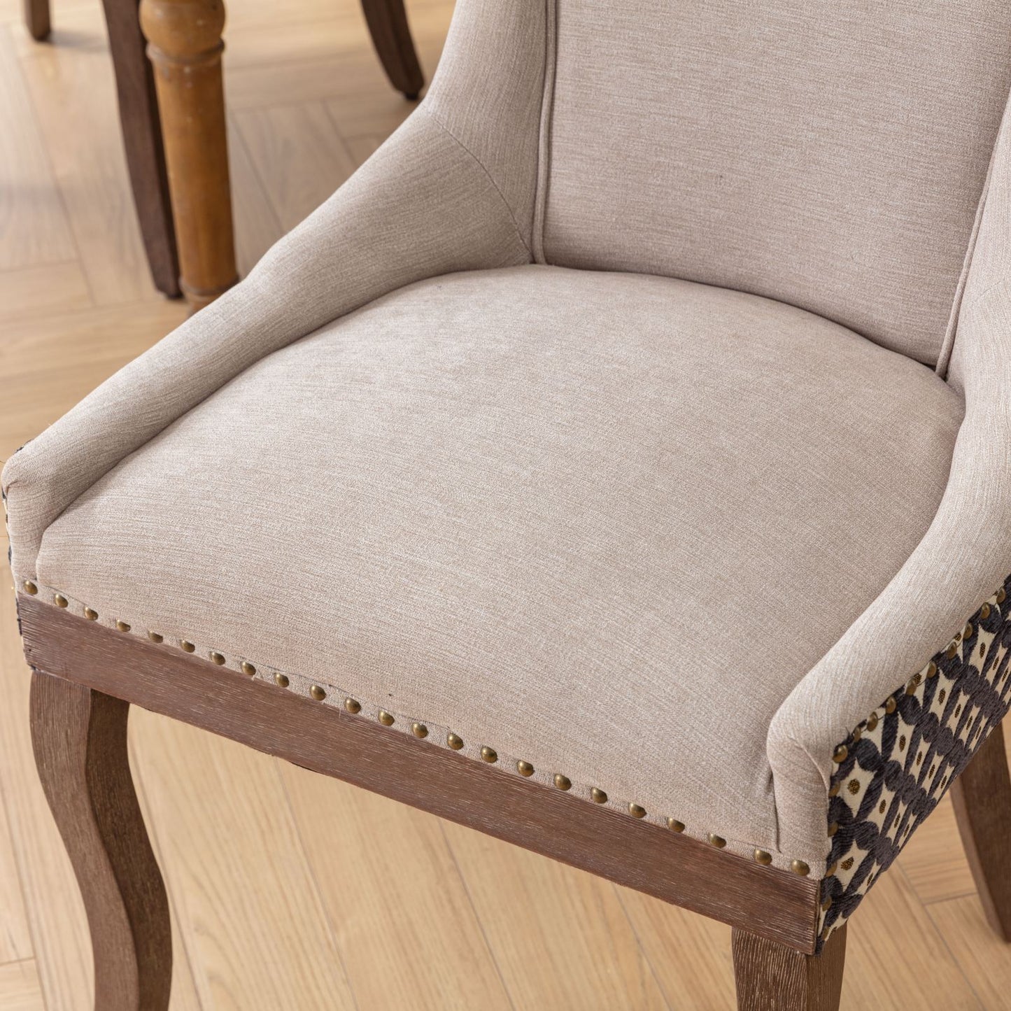 Ultra Side Dining Chairs Set of 2 Beige Thick Fabric with Solid Wood Legs and Bronze Nail Head