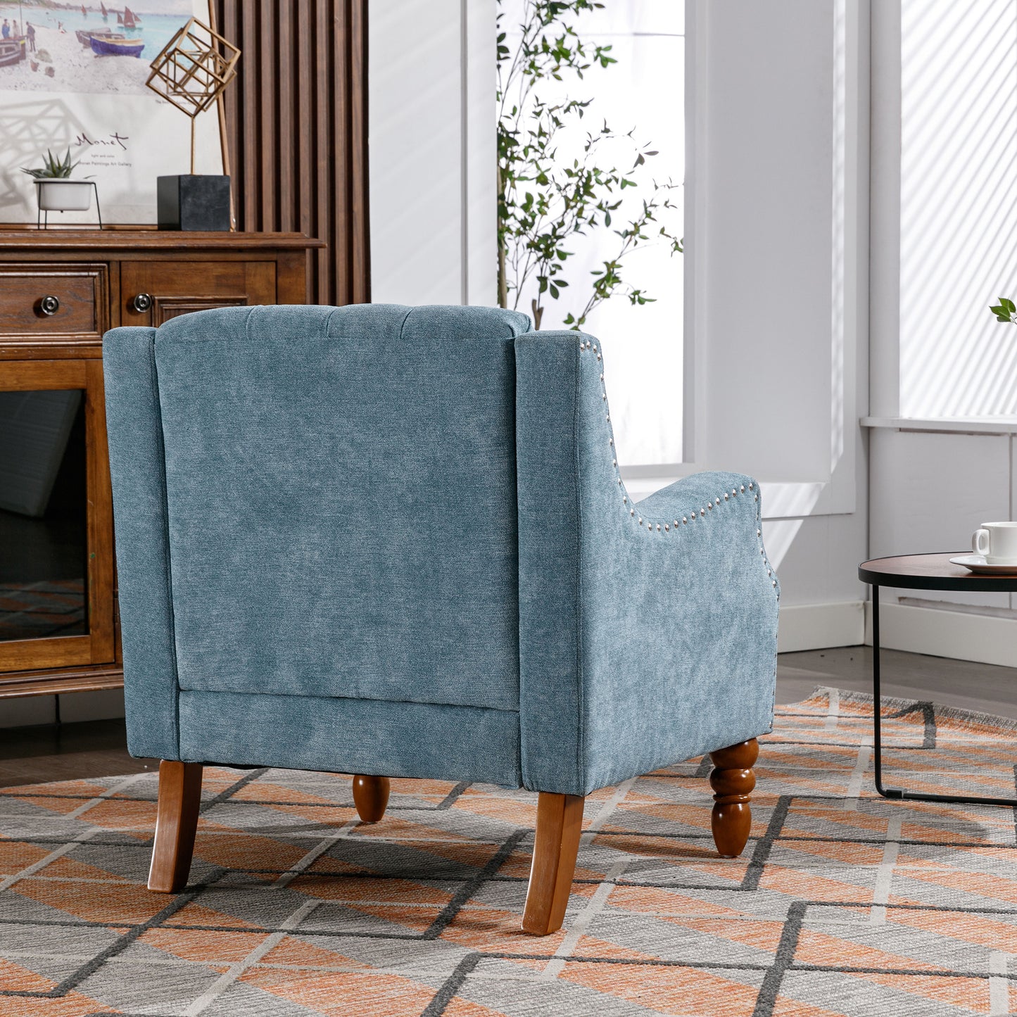 Blue Accent Chair, Living Room Chair, Footrest Chair Set with Vintage Brass Studs, Button Tufted Upholstered Armchair for Living Room, Comfy Reading Chair for Bedroom, Reception Room