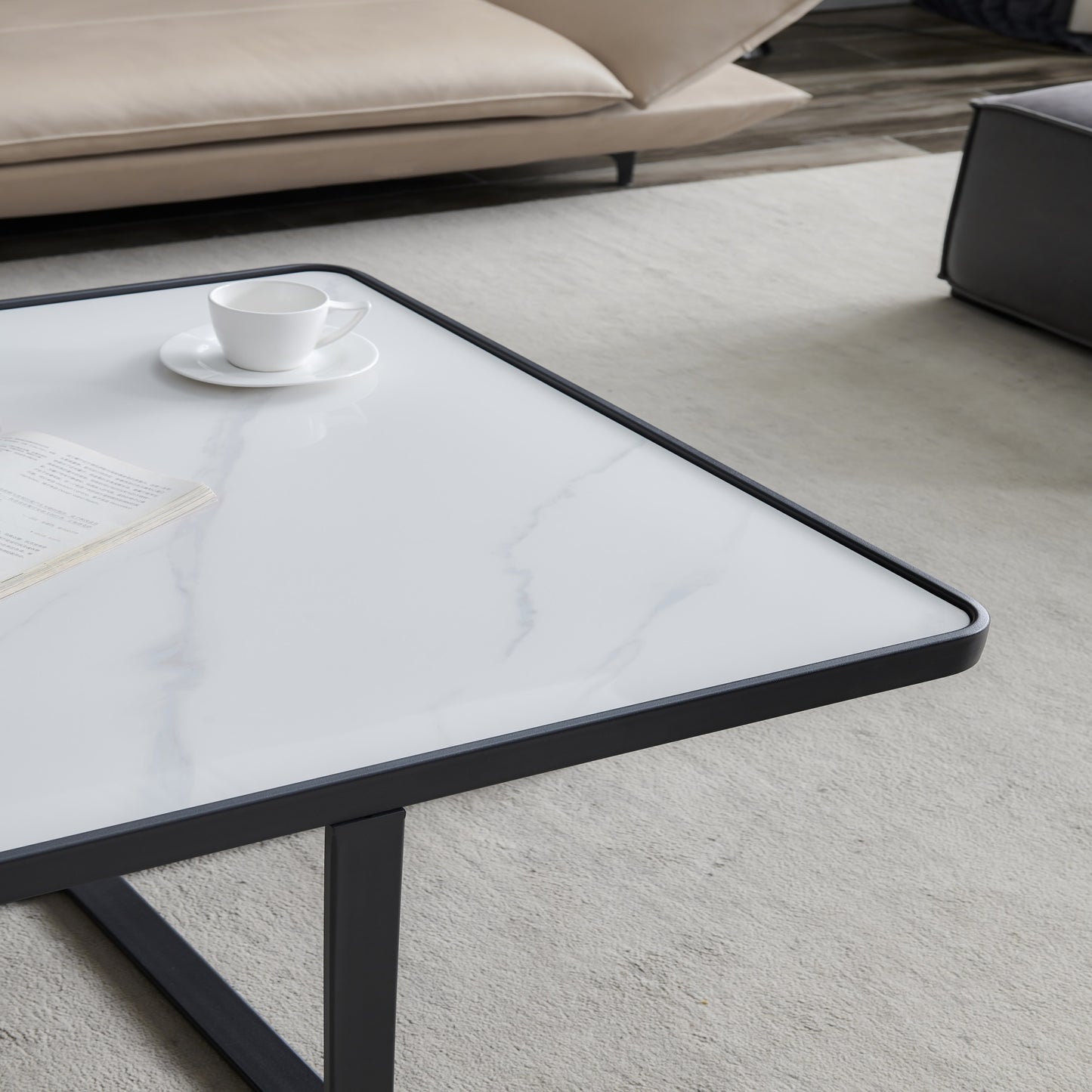 Minimalist Square Coffee Table Black Metal Frame Sintered Stone Top Modern Living Room Furniture