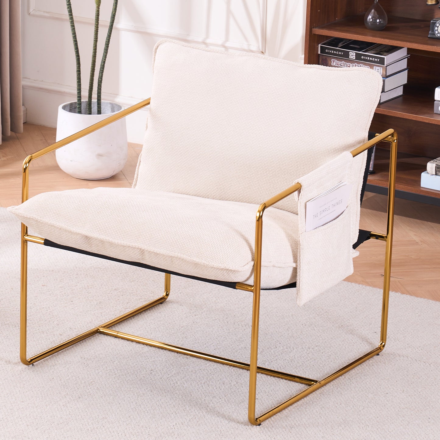 Beige Upholstered Hanging Armchair with Arm Pockets Metal Frame Gold-Plated Cushions for Living Room Bedroom