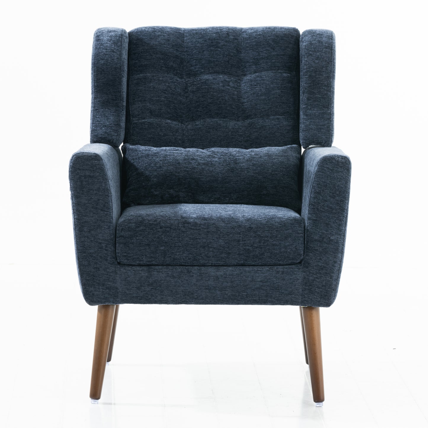 Dark Blue Chenille Accent Chair for Small Spaces Upholstered Modern Armchair with Pillow and Solid Wood Legs