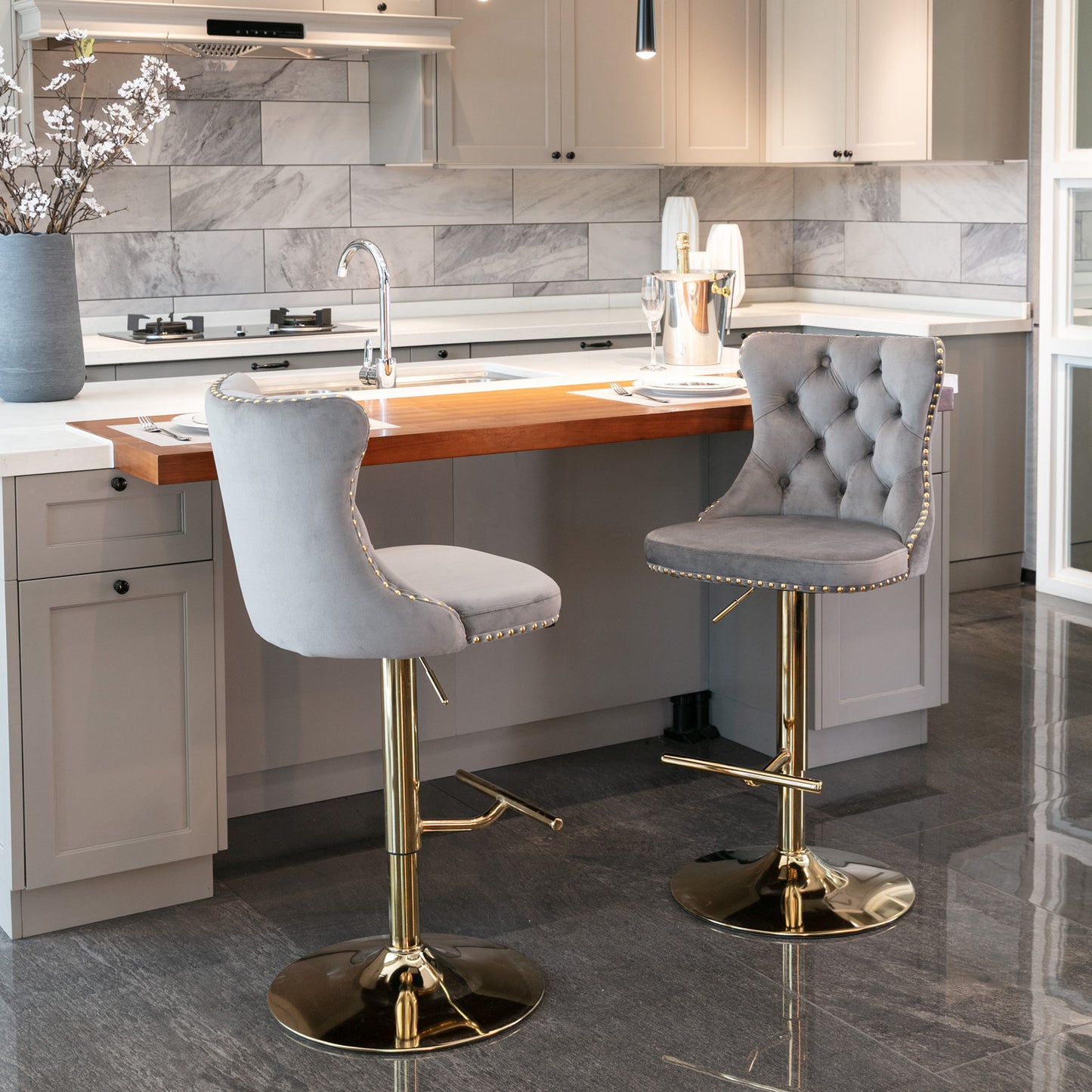 A&A Furniture,Golden Swivel Velvet Barstools Adjusatble Seat Height from 25-33 Inch, Modern Upholstered Bar Stools with Backs Comfortable Tufted for Home Pub and Kitchen Island(Gray,Set of 2)