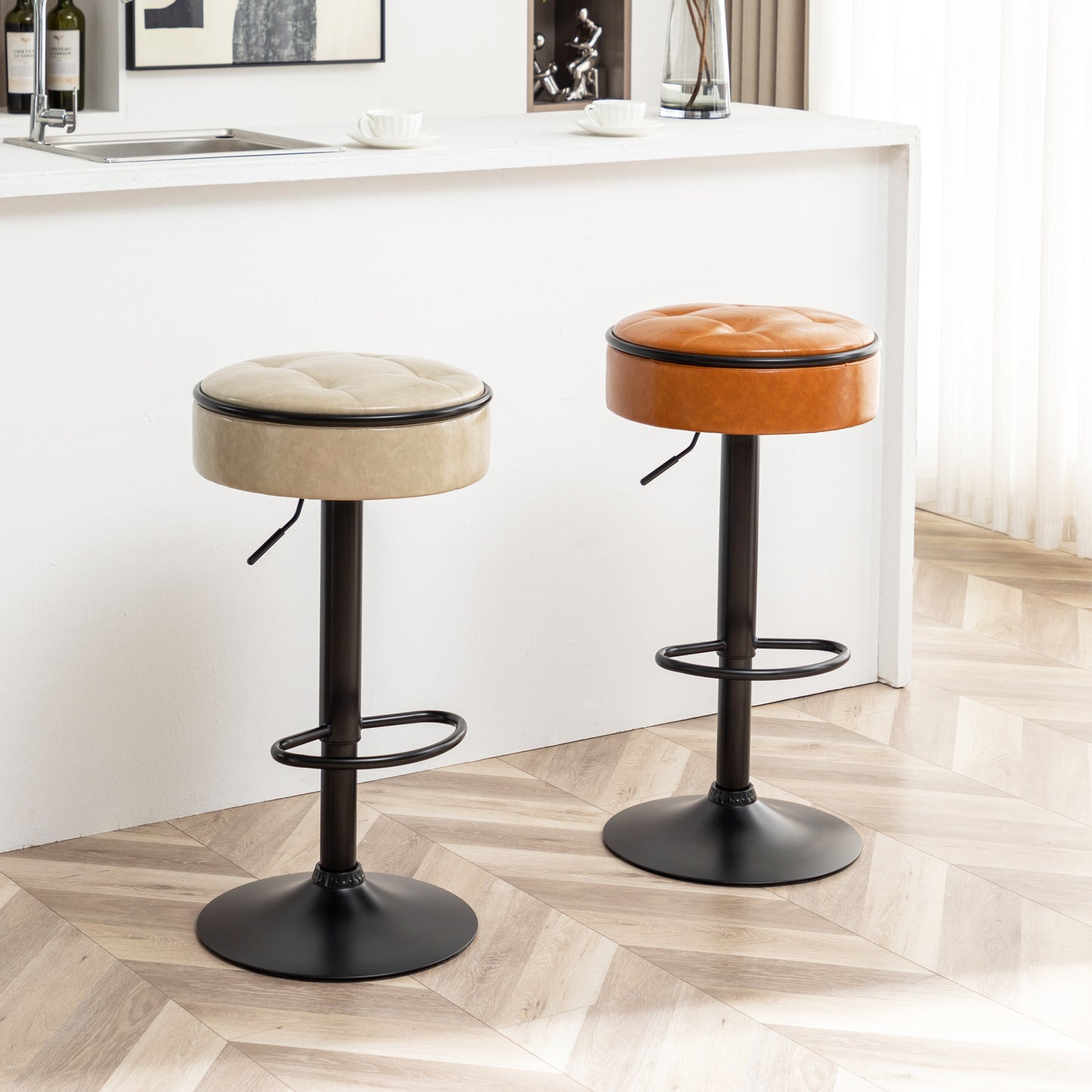 Adjustable Brown Faux Leather Bar Stool Set of 2 360° Swivel Armless Counter Height Chairs for Kitchen Dining Living Room