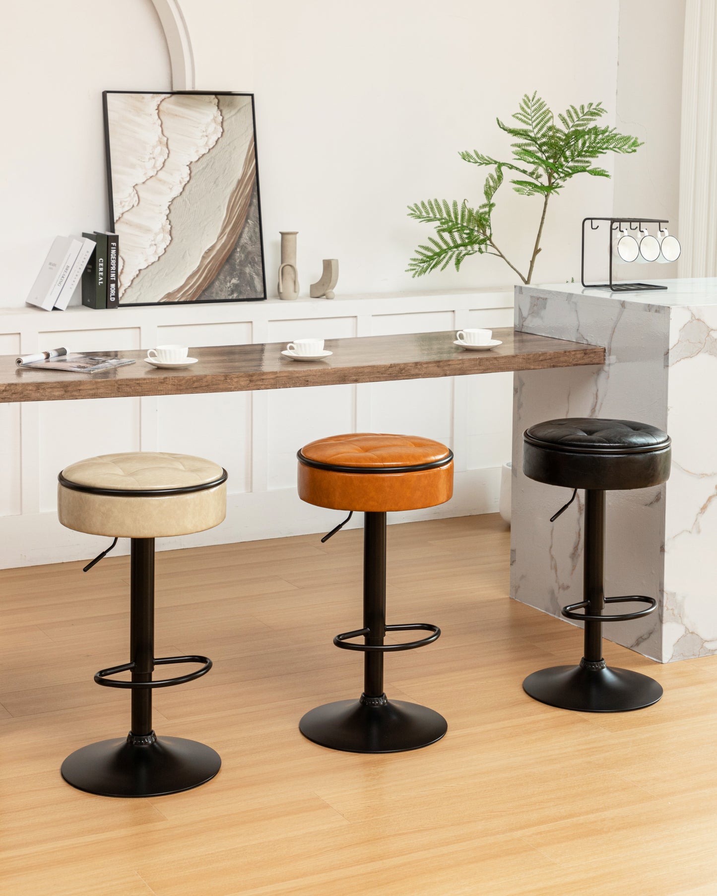 Khaki Faux Leather Adjustable Bar Stool Set of 2 360° Swivel Armless Counter Chairs with Metal Frame for Kitchen Dining Living Room