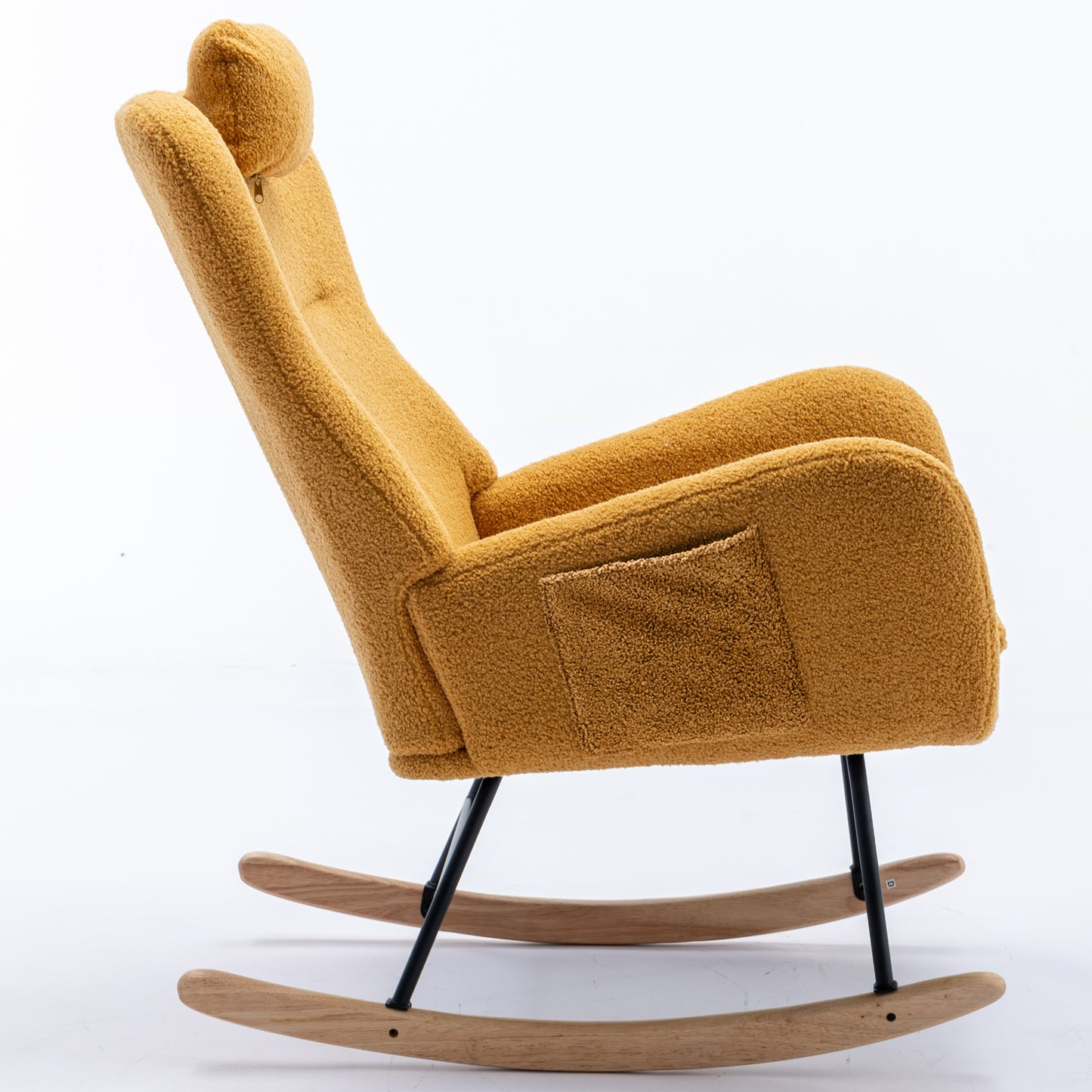 35.5 inch Rocking Chair with Pocket, Soft Teddy Fabric Rocking Chair for Nursery, Comfy Wingback Glider Rocker with Safe Solid Wood Base for Living Room Bedroom Balcony (TURMERIC)