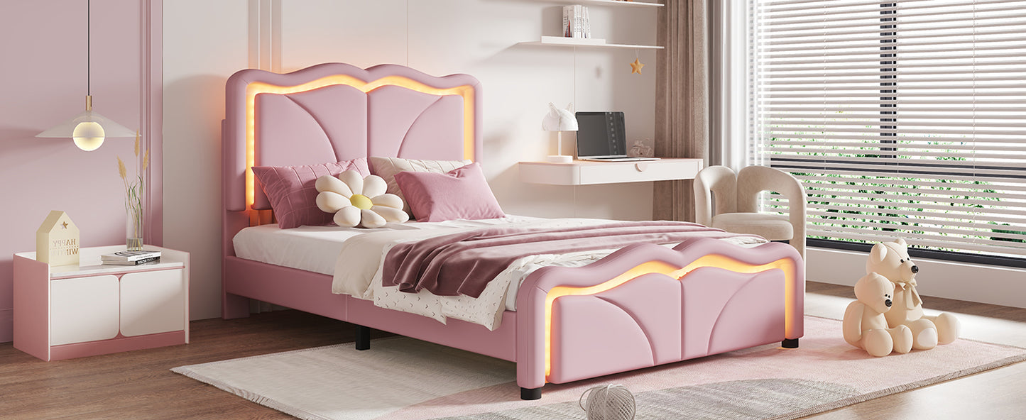 Twin Size Upholstered Platform Bed with Curve Shaped and Height-adjustbale Headboard,LED Light Strips,Pink