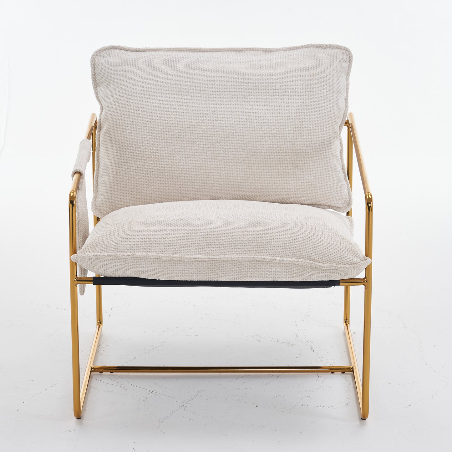 Beige Upholstered Hanging Armchair with Arm Pockets Metal Frame Gold-Plated Cushions for Living Room Bedroom