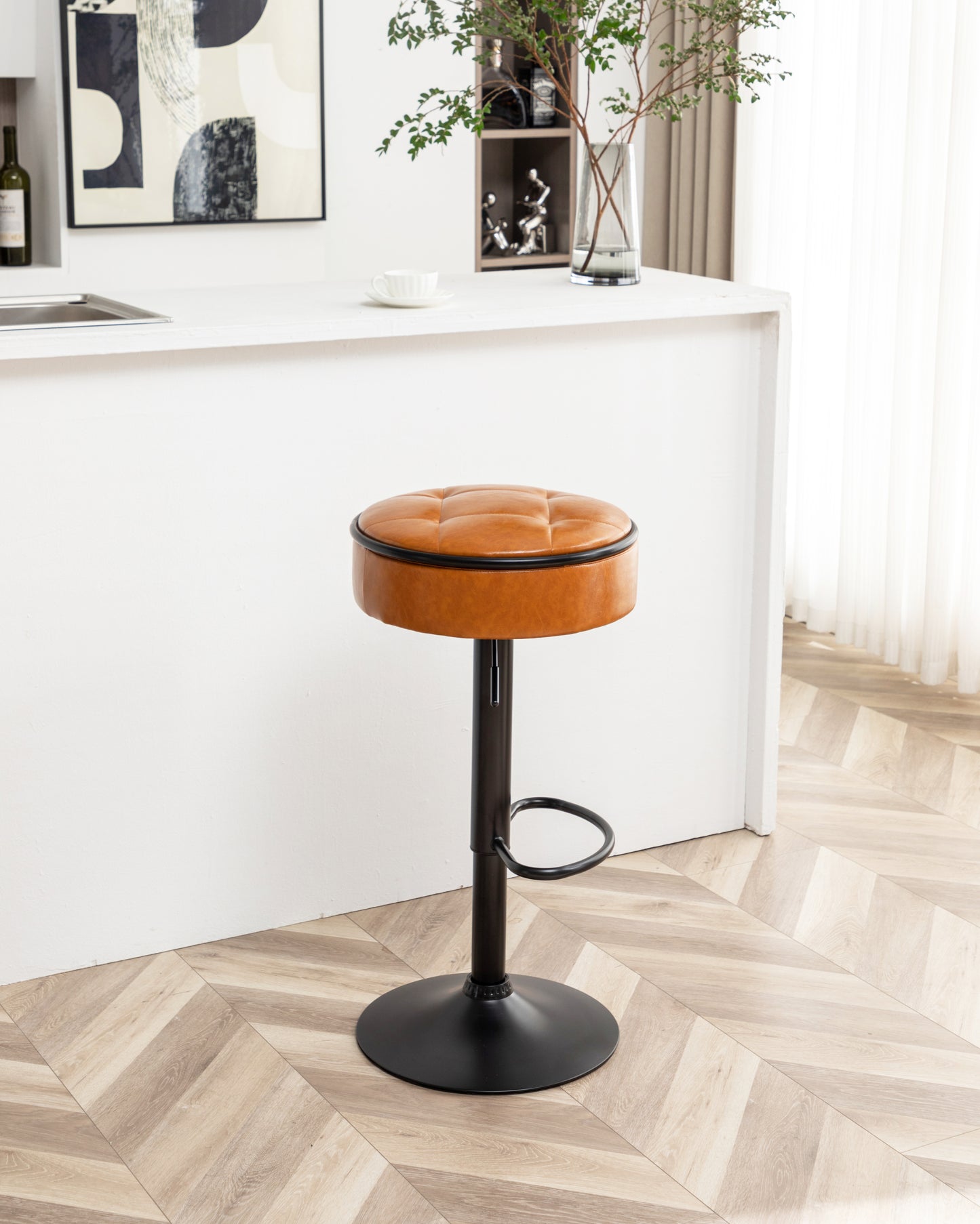 Adjustable Brown Faux Leather Bar Stool Set of 2 360° Swivel Armless Counter Height Chairs for Kitchen Dining Living Room