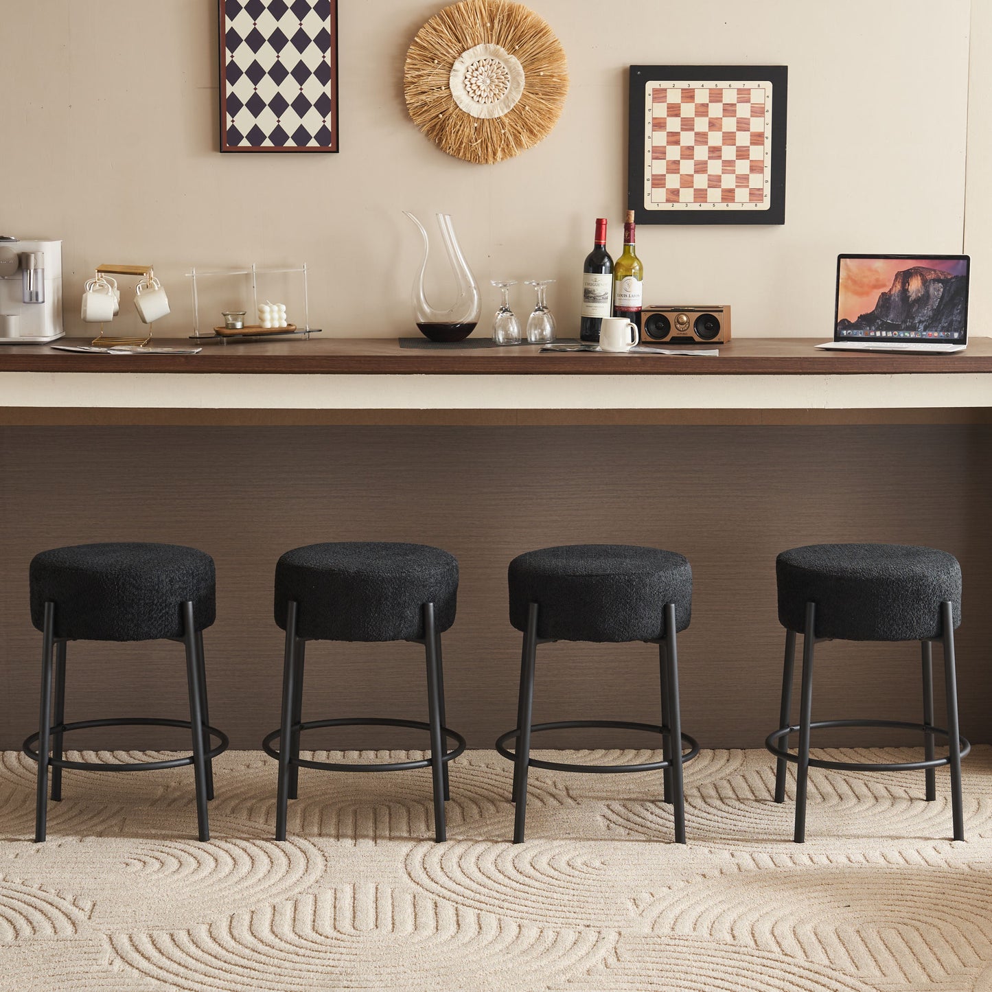 Set of 2 24 Inch Tall Round Upholstered Bar Stools for Kitchen and Coffee Shops Contemporary Design