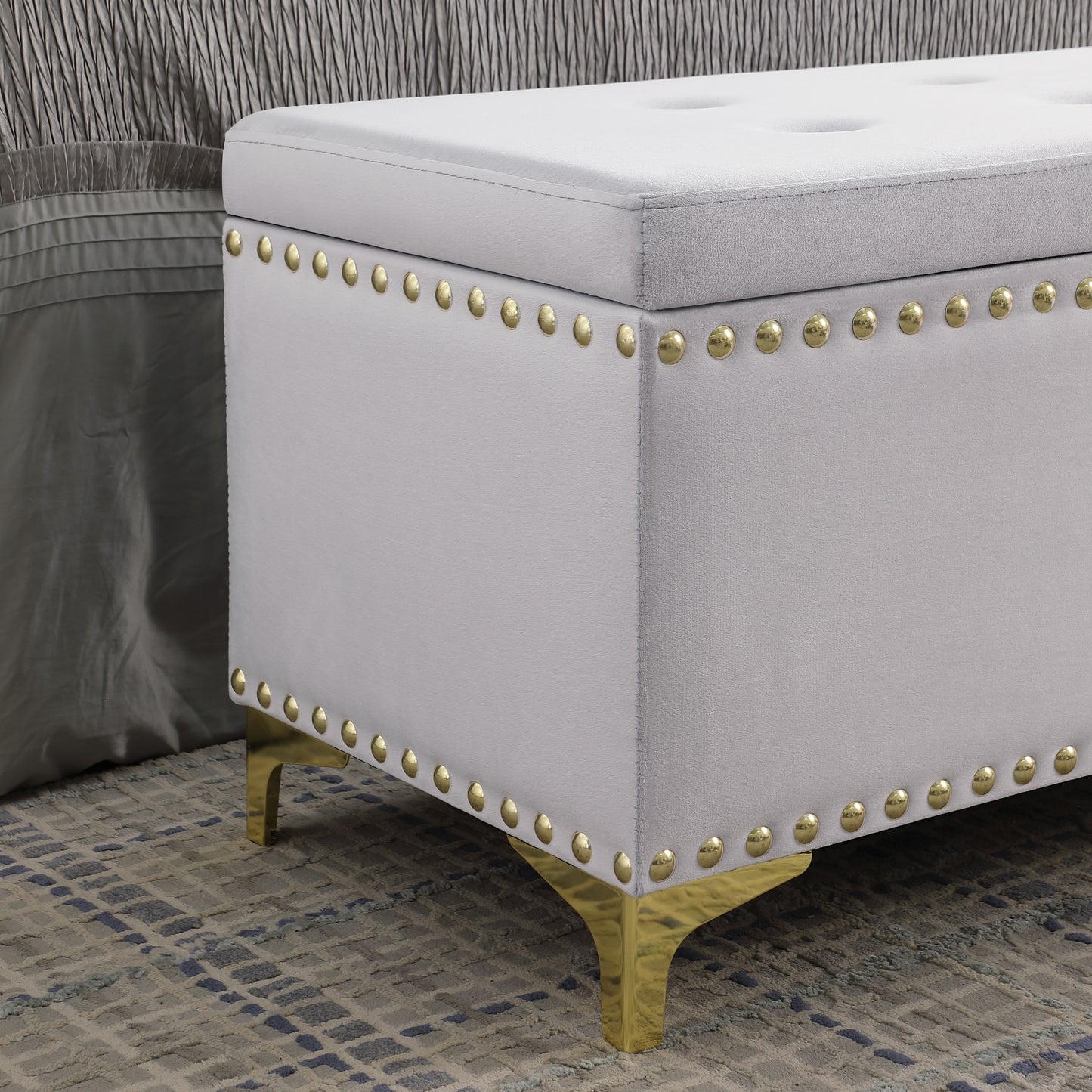Large Storage Benches with Nailhead Trim Tufted Velvet 2 in 1 Combination for Living Room Entryway Hallway Bedroom Gold Legs 250lbs Capacity
