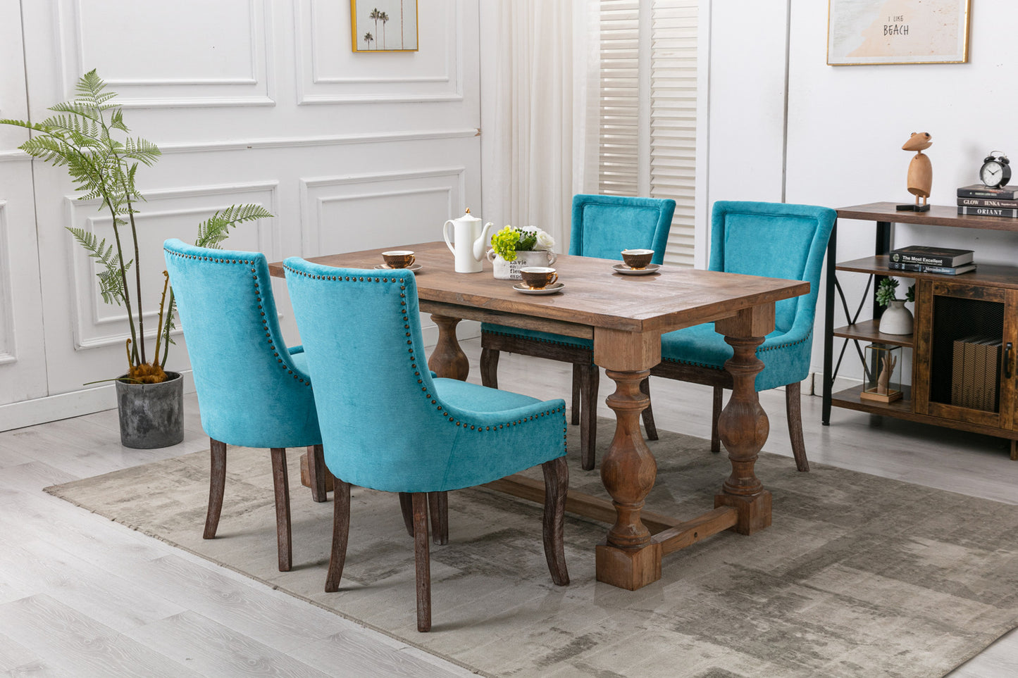 Ultra Side Dining Chair,Thickened fabric chairs with neutrally toned solid wood legs, Bronze nail head,Set of 2,Blue