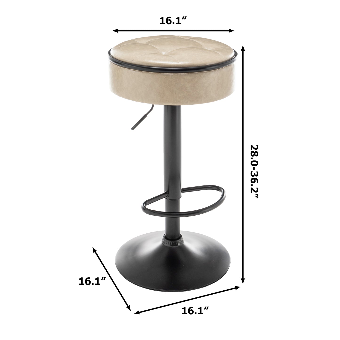 Khaki Faux Leather Adjustable Bar Stool Set of 2 360° Swivel Armless Counter Chairs with Metal Frame for Kitchen Dining Living Room