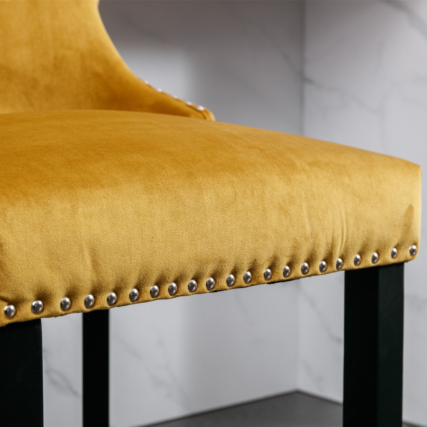 Gold Velvet Wing-Back Barstools with Button Tufting and Chrome Nailhead Trim Set of 2